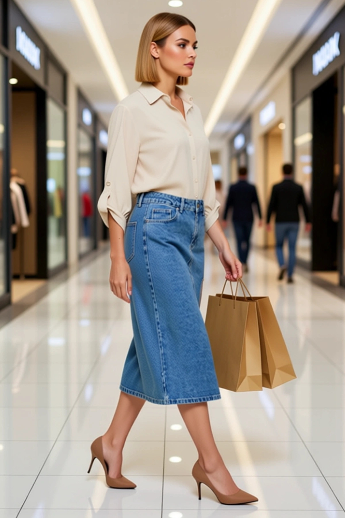 Kadın Yırtmaçlı Midi Denim Etek Yüksek Bel Kalem Kalıp Düz Desen Fonksiyonel Dayanıklı Şık