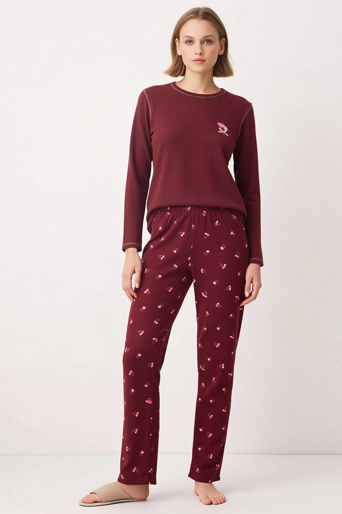 Kadın Uzun Kollu Kayık Yaka Regular Kalıp Waffle Örme Pijama Takımı Fonksiyonel Dayanıklı Şık
