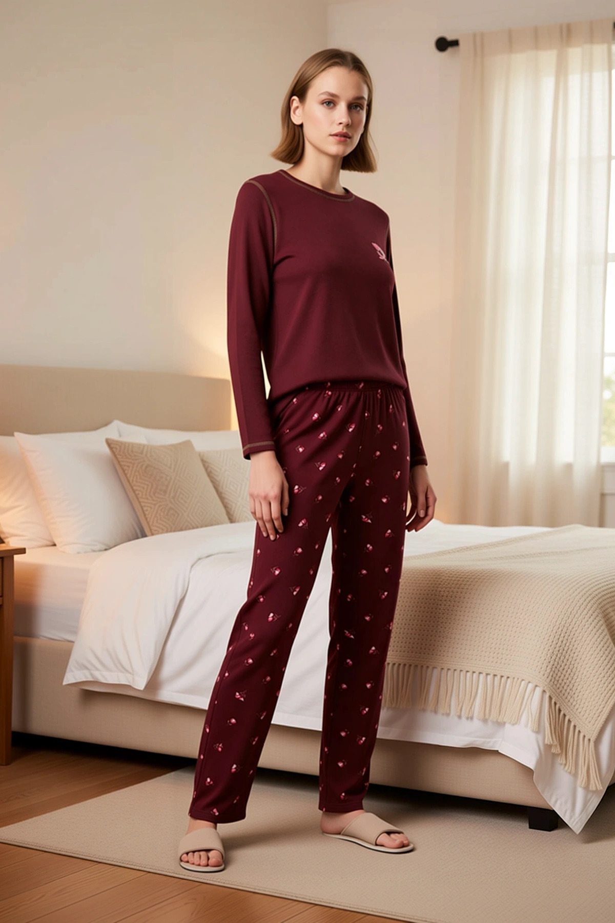 Kadın Uzun Kollu Kayık Yaka Regular Kalıp Waffle Örme Pijama Takımı Fonksiyonel Dayanıklı Şık