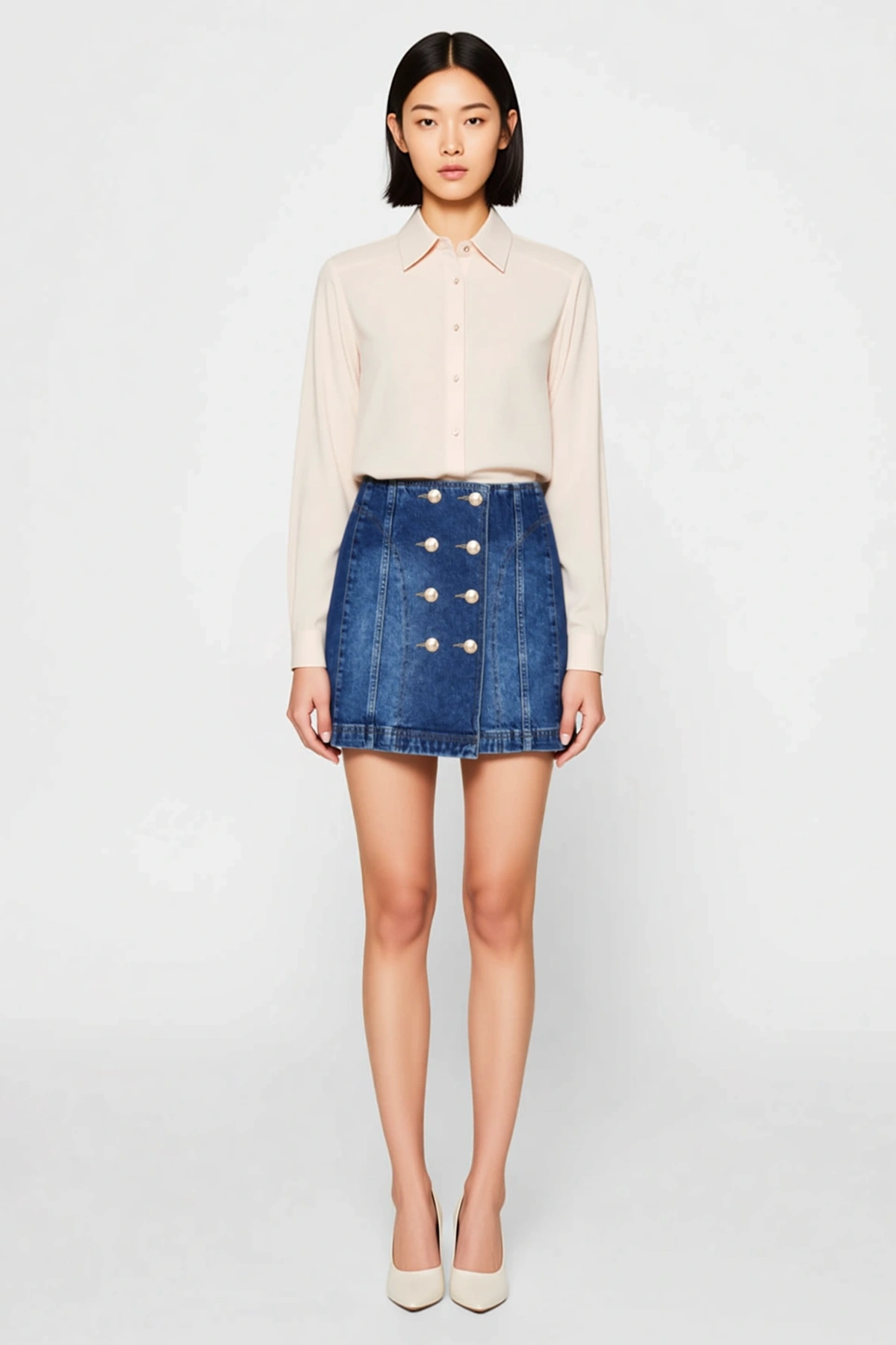 Kadın Mini Denim Etek Çift Düğme Detaylı A-Line Kesim %99 Pamuk Rahat Konforlu Günlük Modern Şık