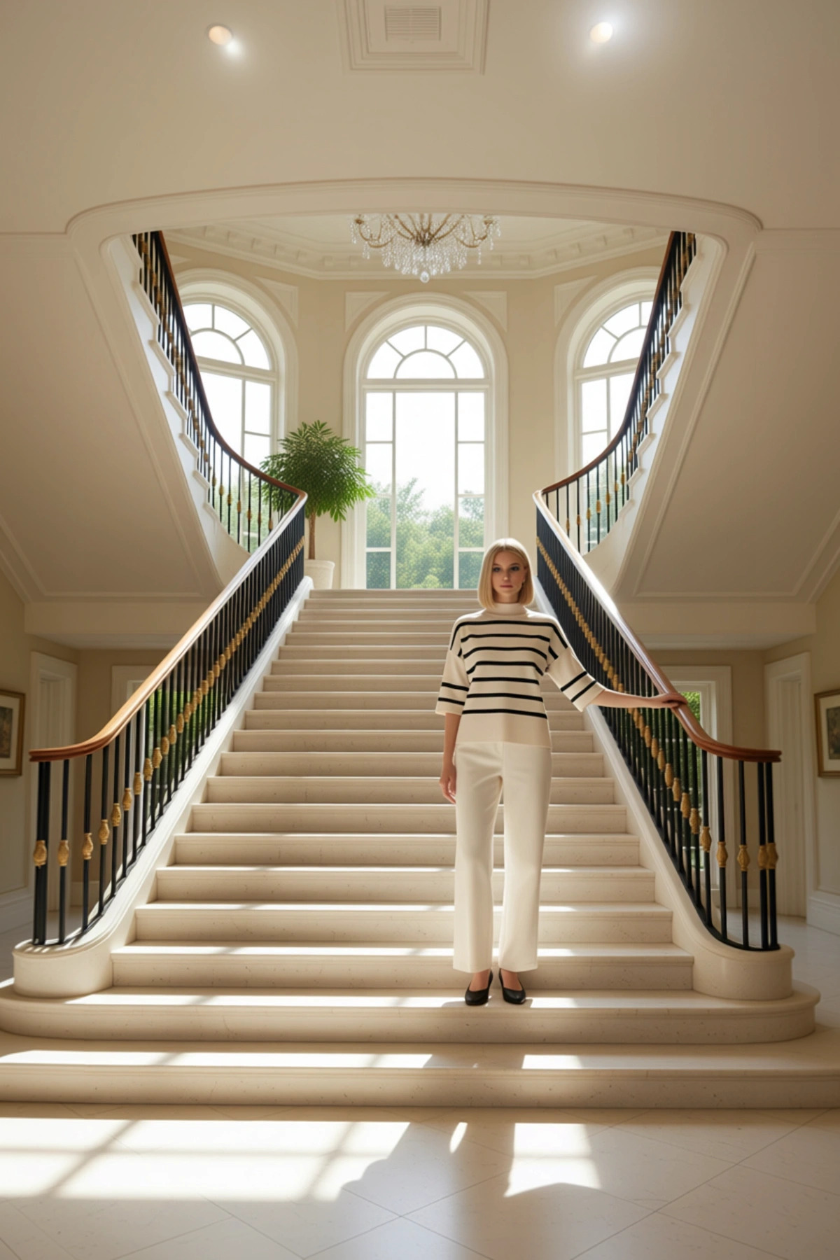 Alternative view of Kadın Alt Üst Çizgili Triko Üst Ve Geniş Paça Pantolon Takımı Modern Kesim Rahat Ve Bir Duruş Spor