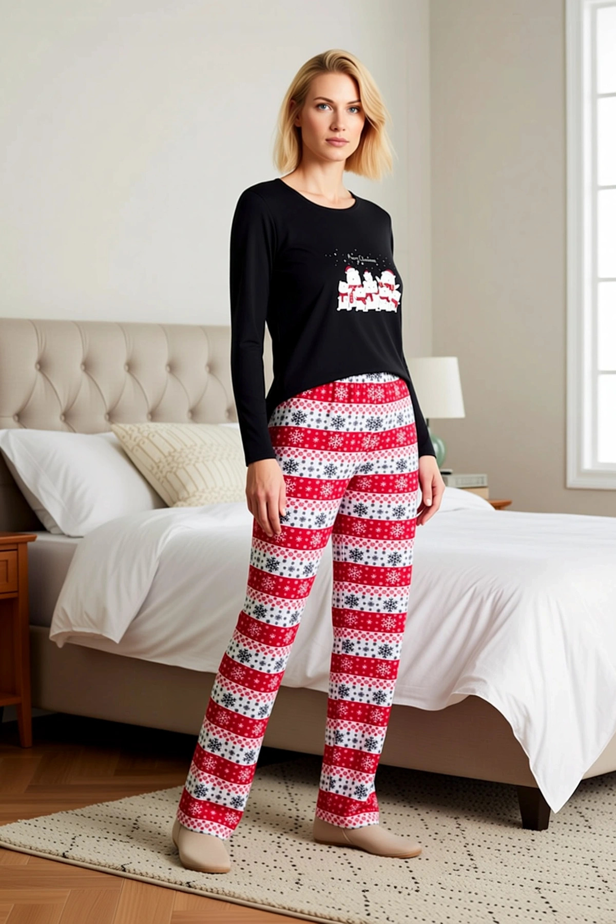 Kadın Bisiklet Yaka Standart Kol Regular Kalıp Örme Pijama Takımı Fonksiyonel Dayanıklı Şık