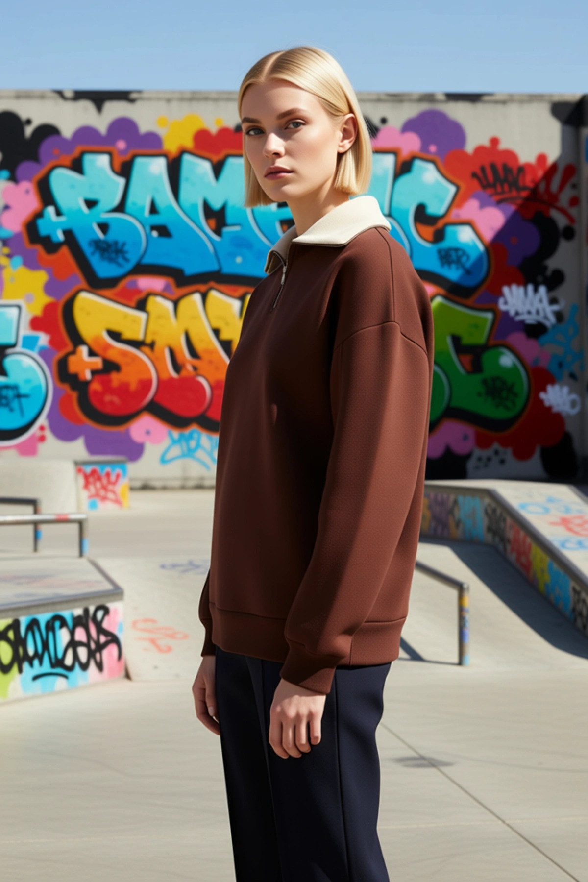Kadın Dik Yaka Düşük Kol Fermuarlı Geniş Kalıp Sweatshirt Fonksiyonel Dayanıklı Kaliteli Şık