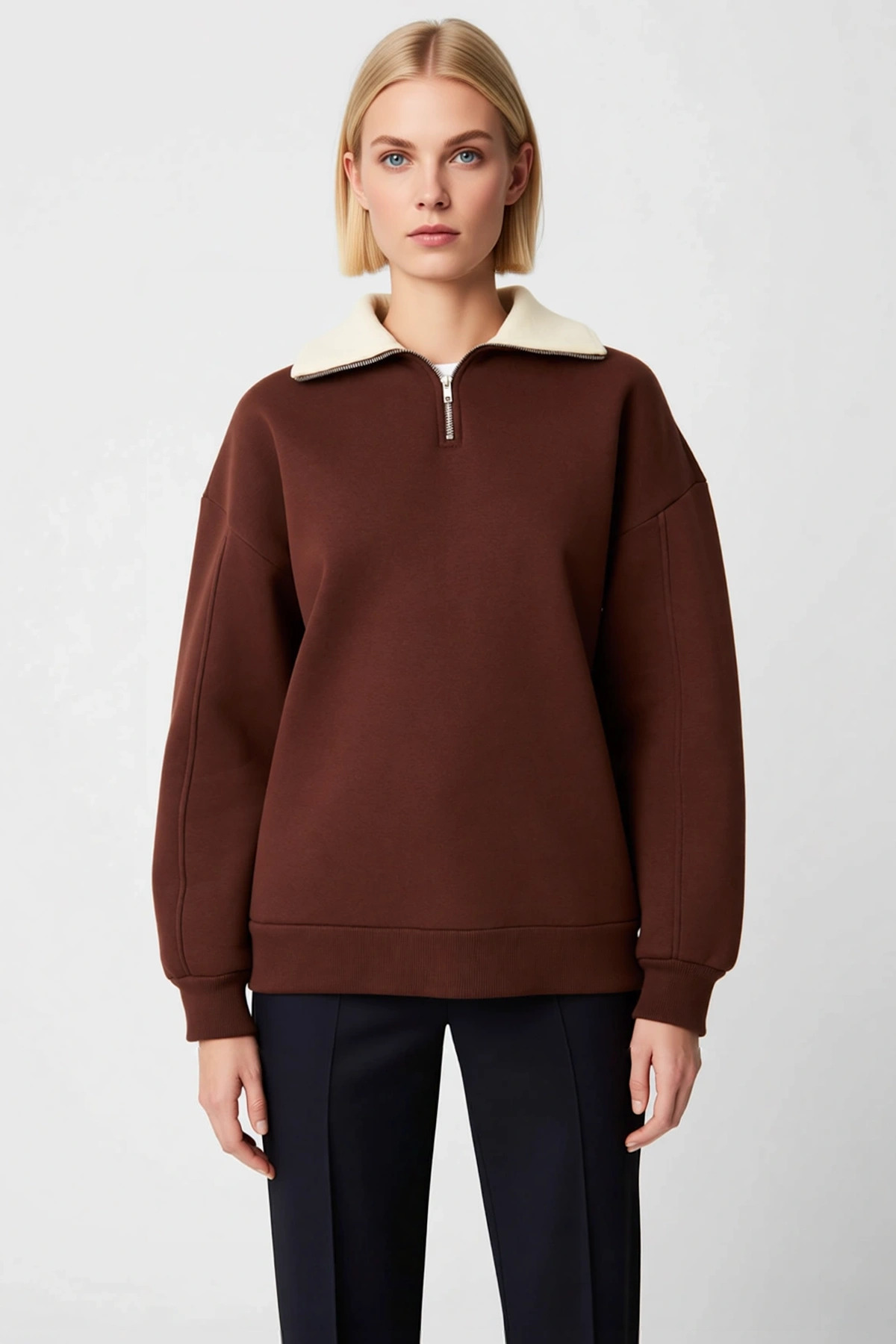 Kadın Dik Yaka Düşük Kol Fermuarlı Geniş Kalıp Sweatshirt Fonksiyonel Dayanıklı Kaliteli Şık