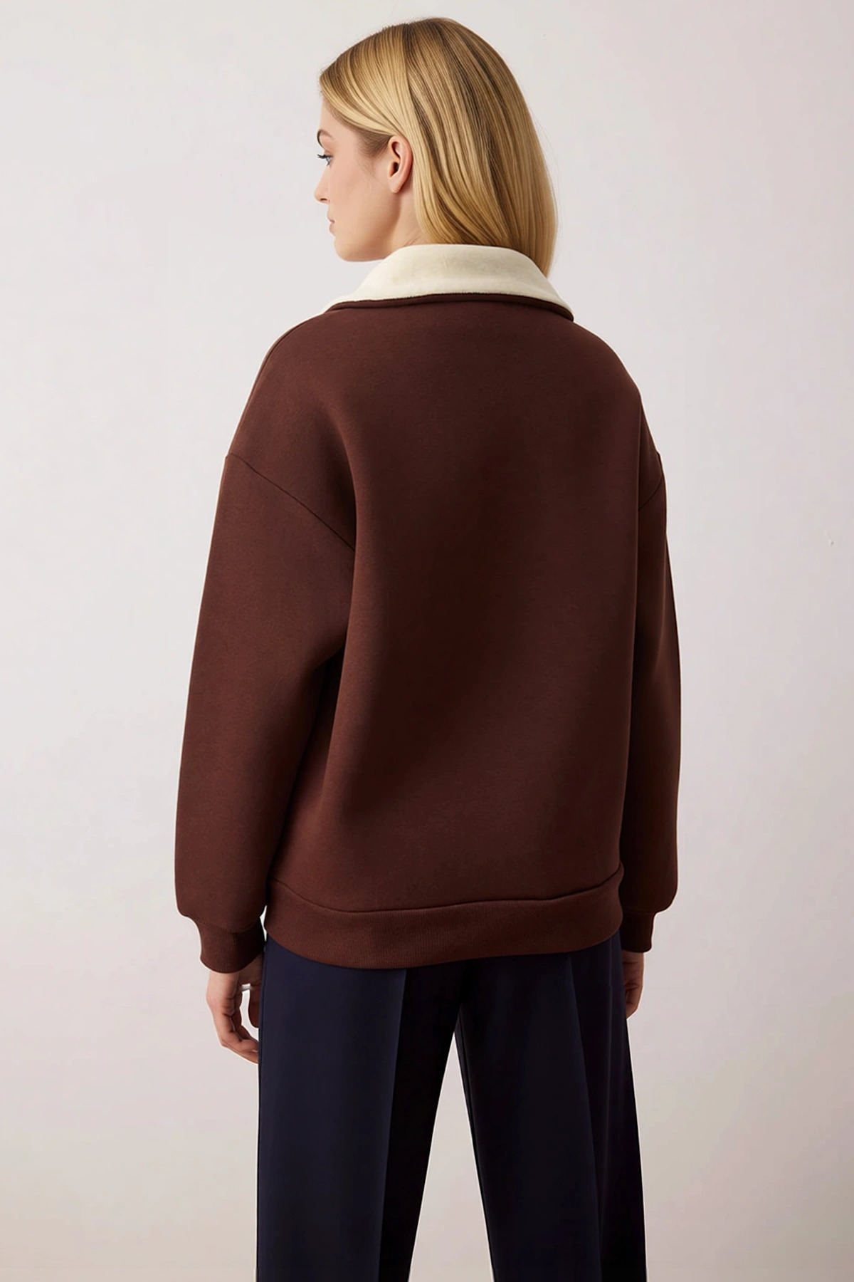 Kadın Dik Yaka Düşük Kol Fermuarlı Geniş Kalıp Sweatshirt Fonksiyonel Dayanıklı Kaliteli Şık