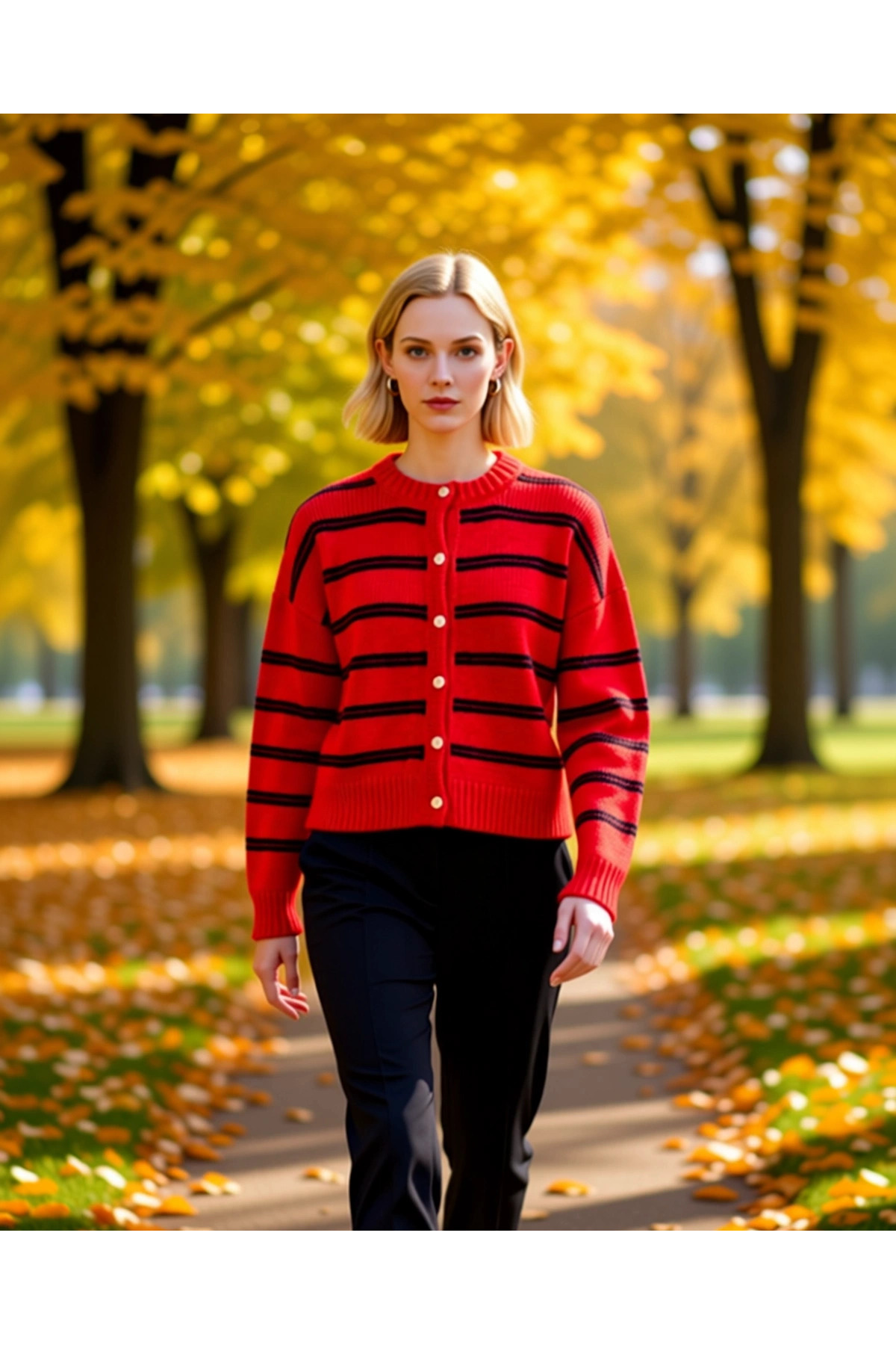 Alternative view of Kadın Yumuşak Dokulu Çizgili Geniş Kalıp Düşük Omuz Uzun Kollu Önü Düğmeli Rahat Kesim Triko Hırka