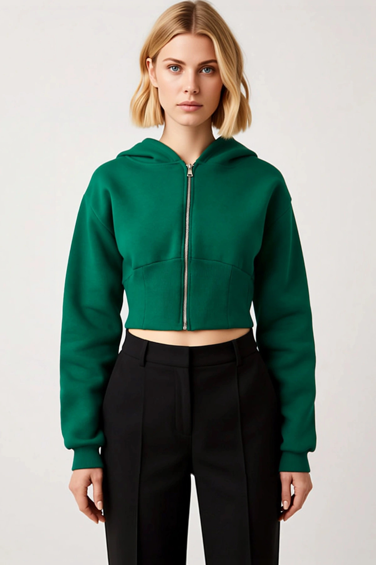 Kadın Kapüşonlu Düşük Kol Fitted Fermuarlı Örme Sweatshirt Fonksiyonel Dayanıklı Kaliteli Şık