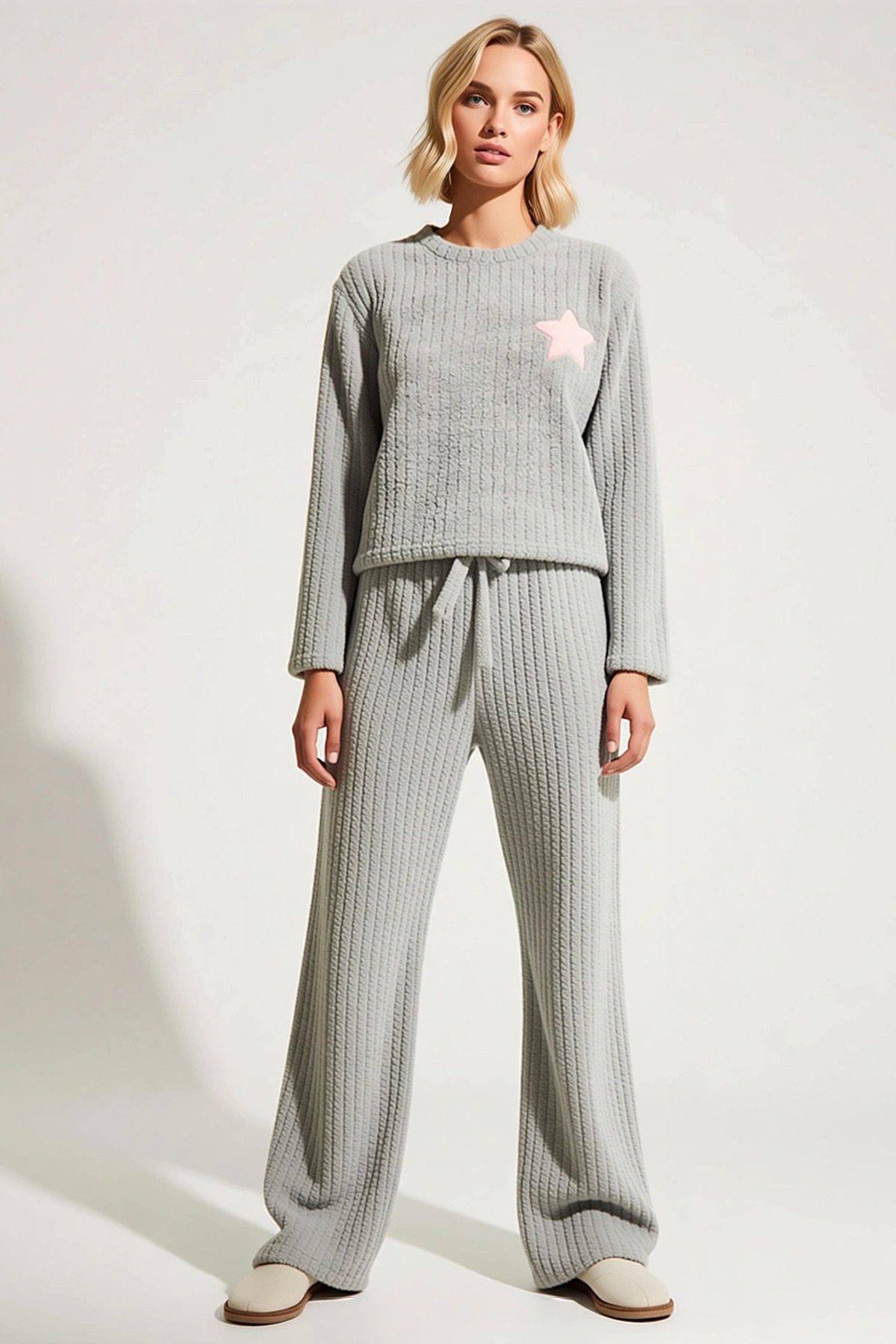 Kadın Bisiklet Yaka Standart Kol Bol Kalıp Wellsoft Örme Pijama Takımı Spor