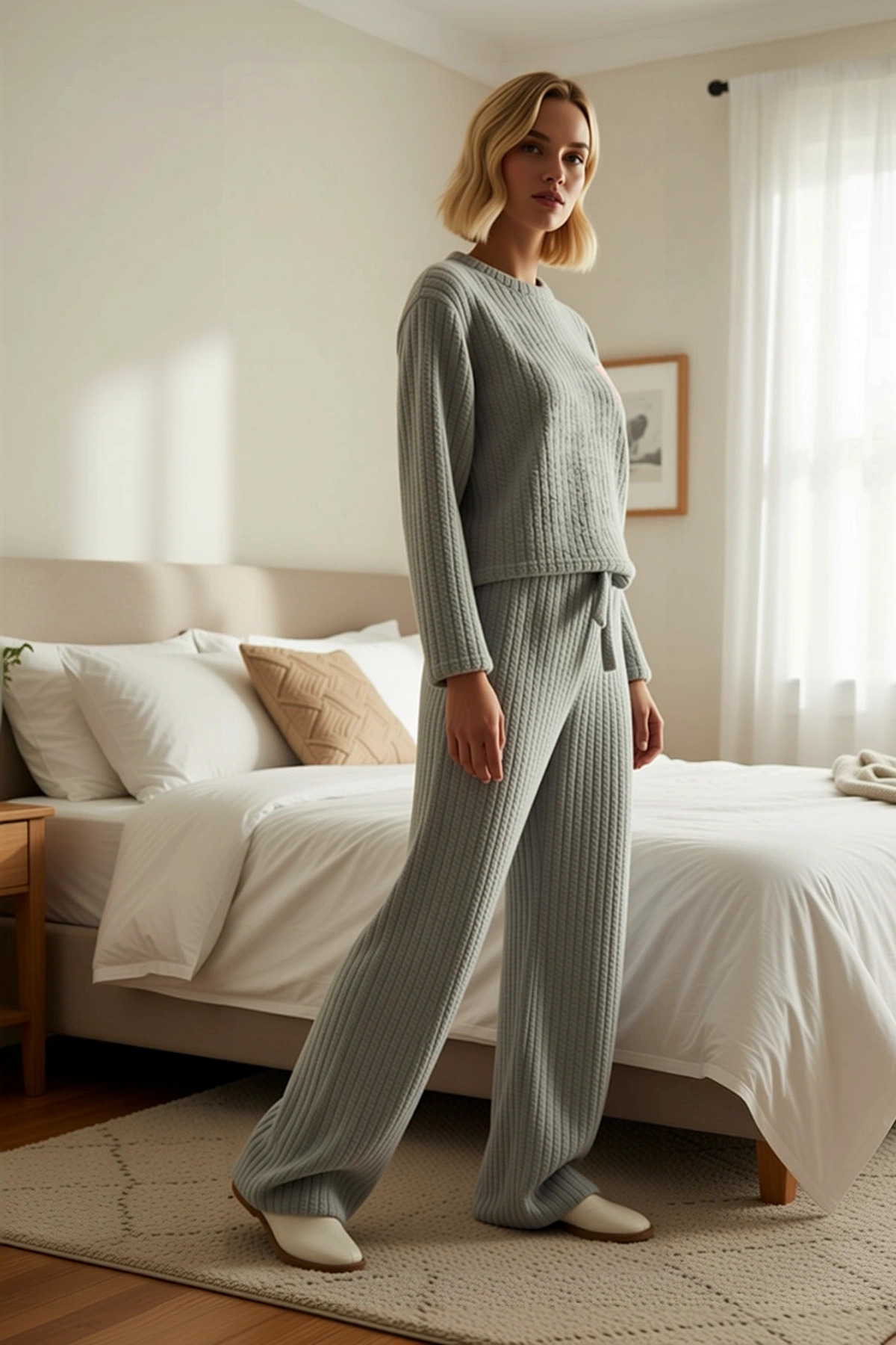 Kadın Bisiklet Yaka Standart Kol Bol Kalıp Wellsoft Örme Pijama Takımı Spor