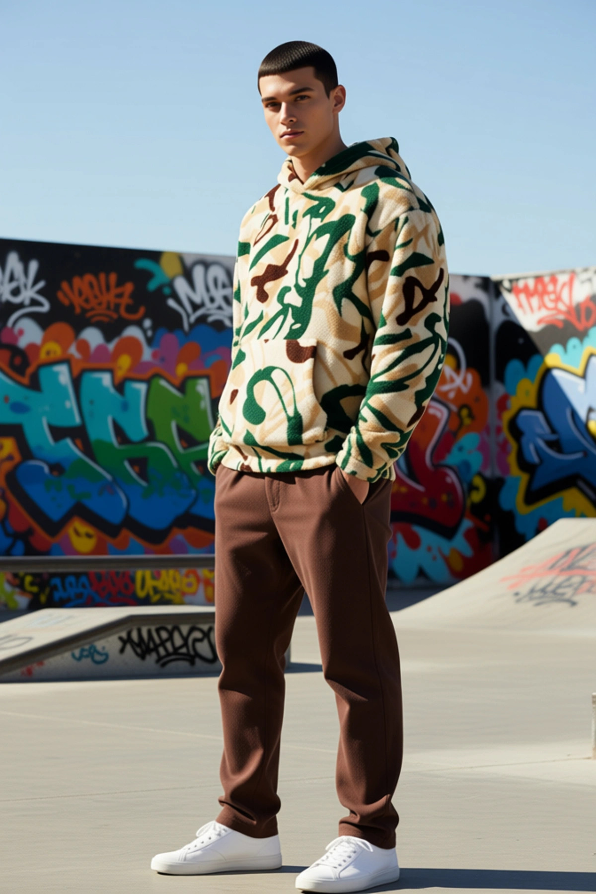 Erkek Kapüşonlu Düşük Uzun Kollu Örme Polar Dokuma Oversize Geniş Kesim Retro Desenli Sweatshirt