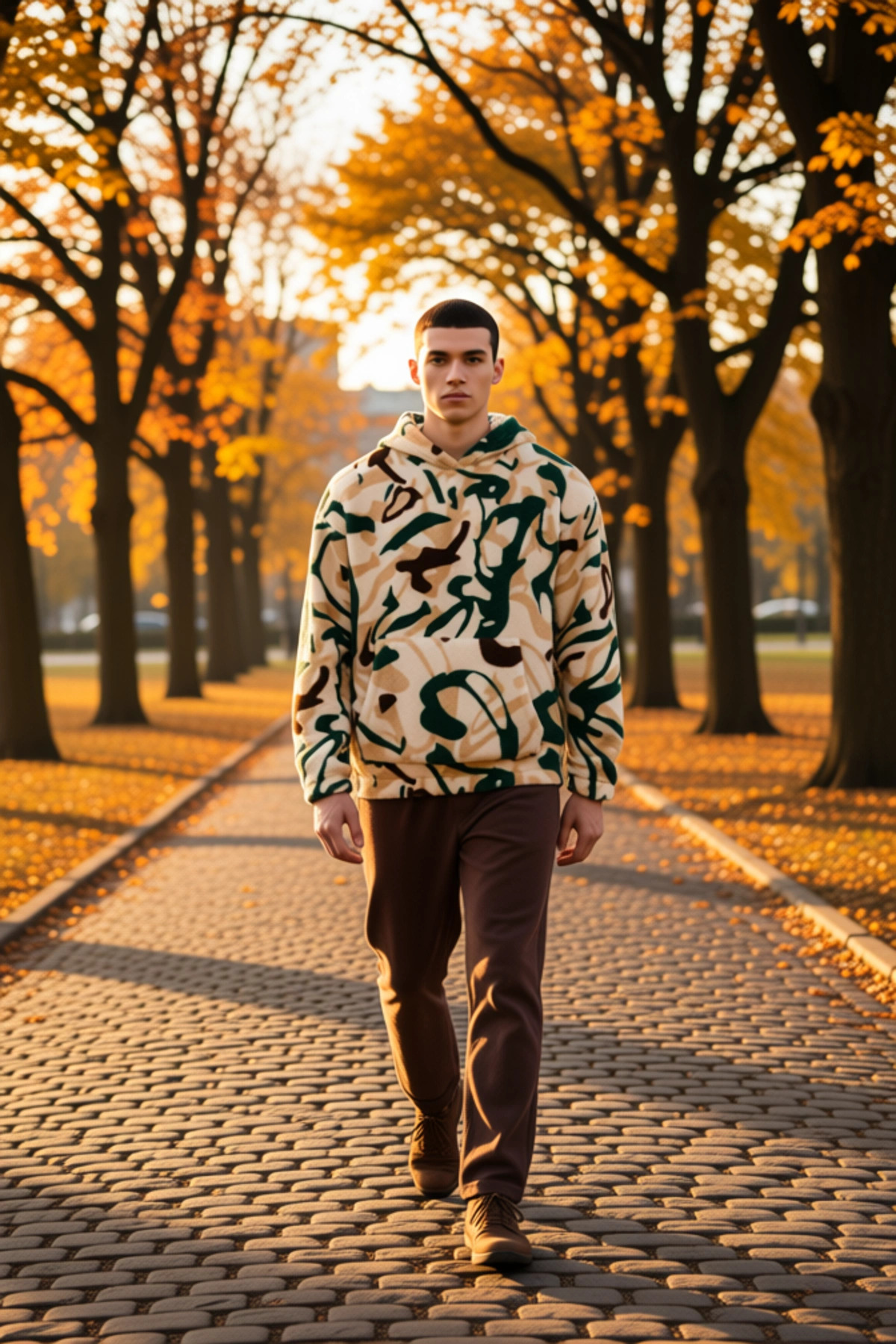Erkek Kapüşonlu Düşük Uzun Kollu Örme Polar Dokuma Oversize Geniş Kesim Retro Desenli Sweatshirt
