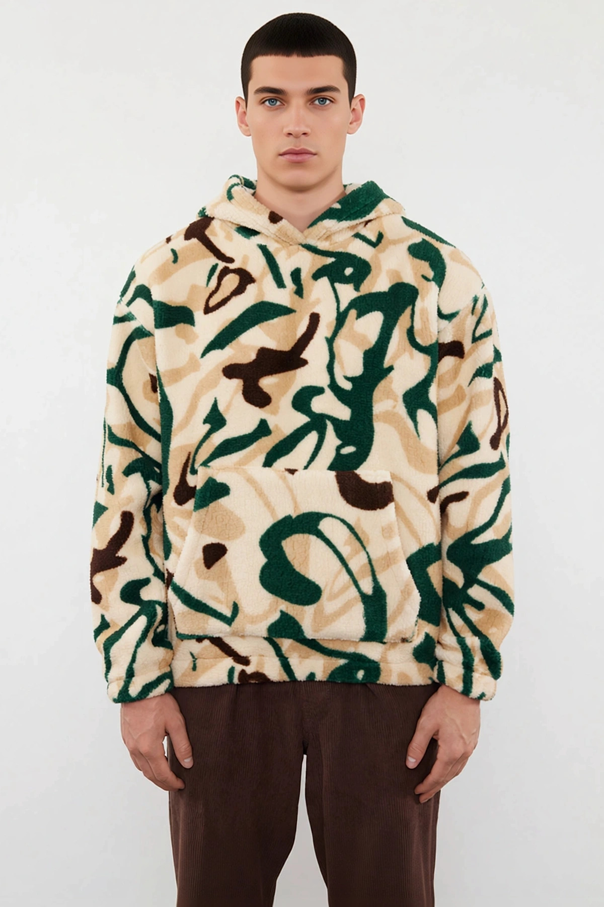 Erkek Kapüşonlu Düşük Uzun Kollu Örme Polar Dokuma Oversize Geniş Kesim Retro Desenli Sweatshirt