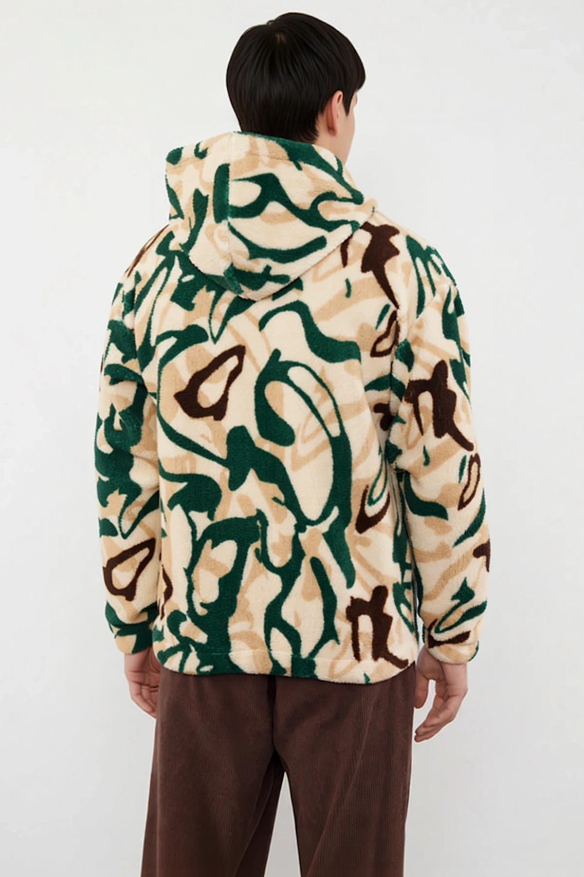 Erkek Kapüşonlu Düşük Uzun Kollu Örme Polar Dokuma Oversize Geniş Kesim Retro Desenli Sweatshirt