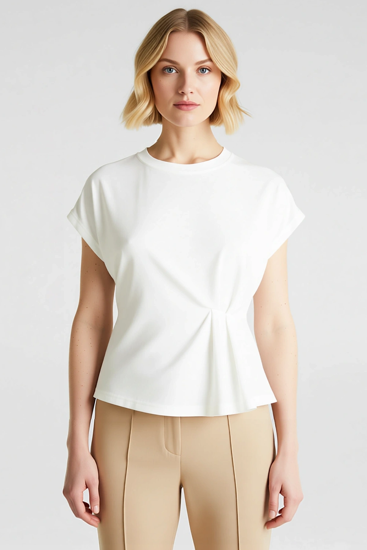 Kadın T Shirt Kayık Yaka Kısa Kol Relaxed Rahat Kalıp Büzgülü Düz Desen Örme Yumuşak