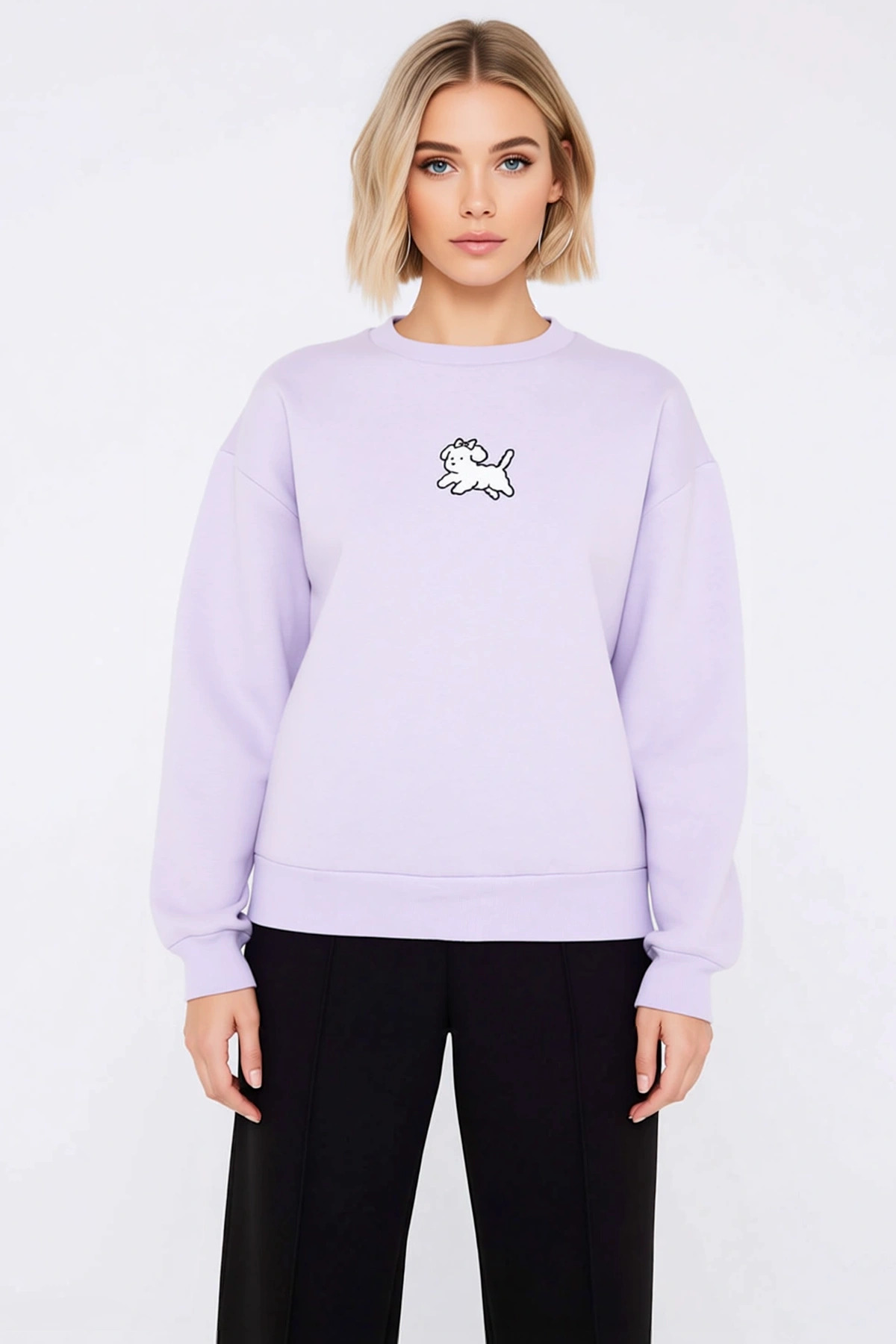Kadın Bisiklet Yaka Düşük Kol Nakışlı Regular Kalıp Sweatshirt Fonksiyonel Dayanıklı Rahat
