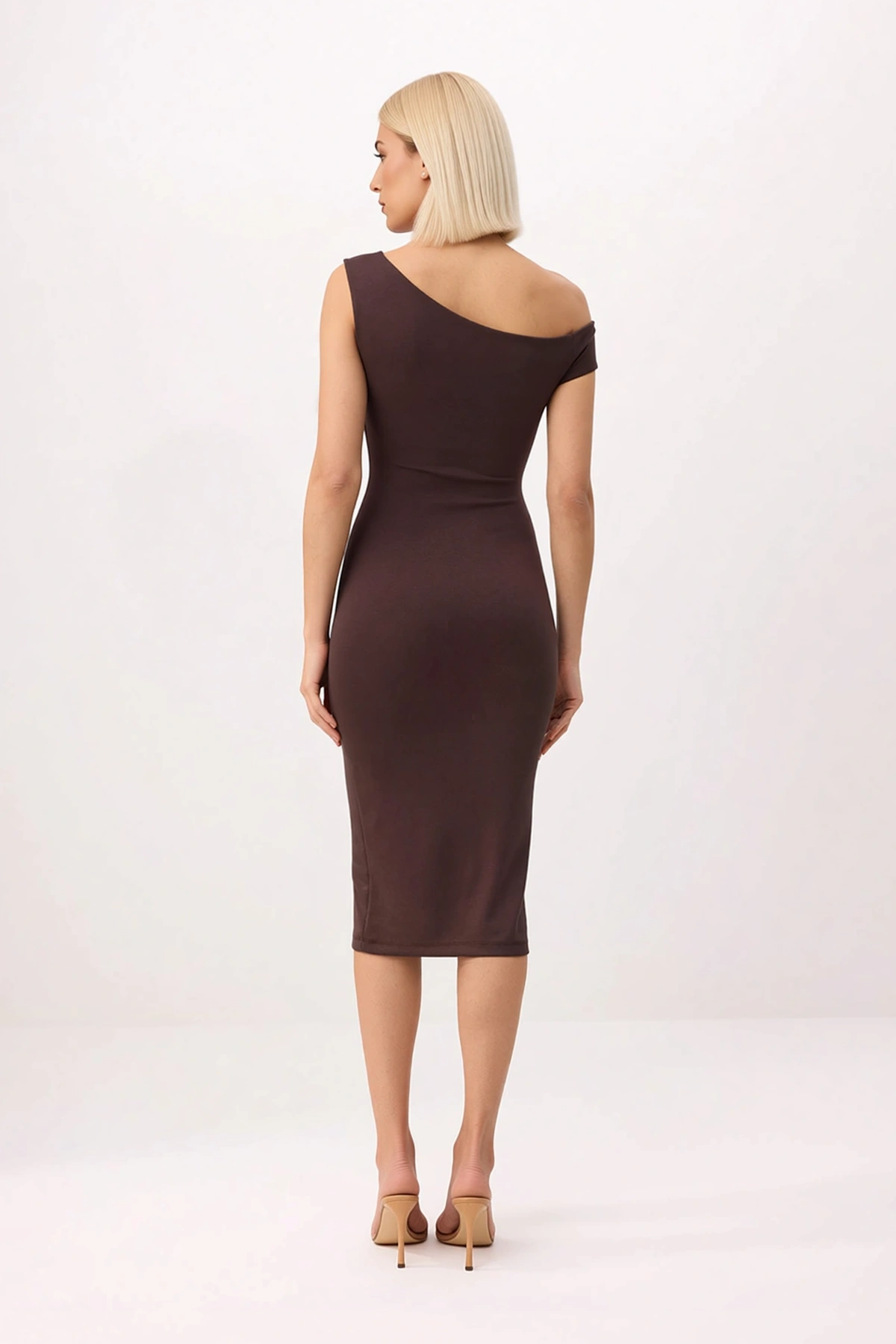 Kadın Asimetrik Yaka Düşük Kol Bodycon Midi Elbise Silky İnterlok Örme Kumaş Günlük Rahat Modern