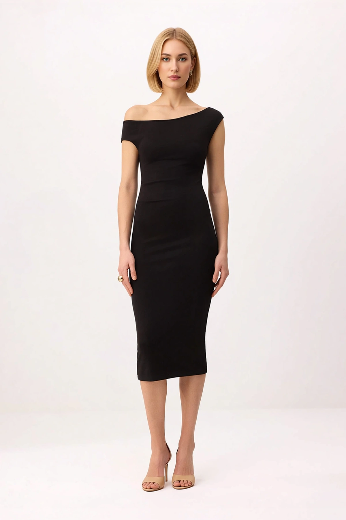 Kadın Asimetrik Yaka Düşük Kol Bodycon Midi Elbise Silky İnterlok Örme Kumaş Günlük Rahat Modern
