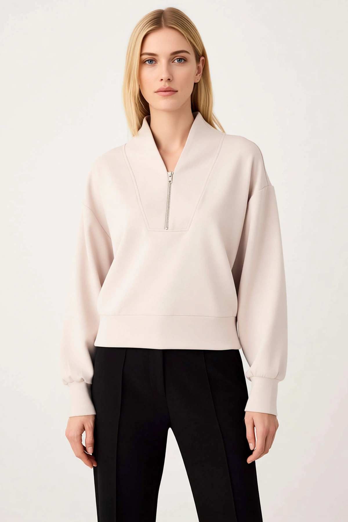 Kadın Dik Yaka Düşük Kol Fermuarlı Örme Sweatshirt Fonksiyonel Dayanıklı Kaliteli Konforlu