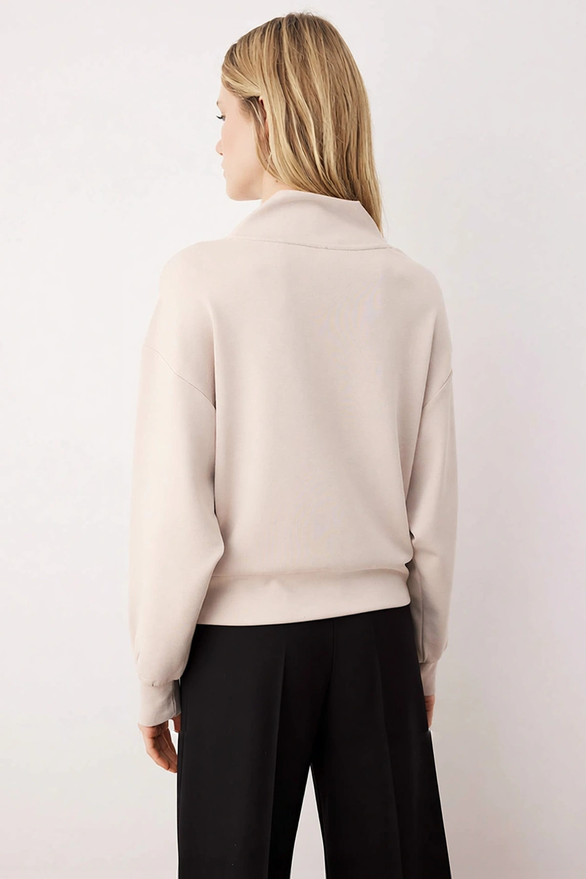 Kadın Dik Yaka Düşük Kol Fermuarlı Örme Sweatshirt Fonksiyonel Dayanıklı Kaliteli Konforlu