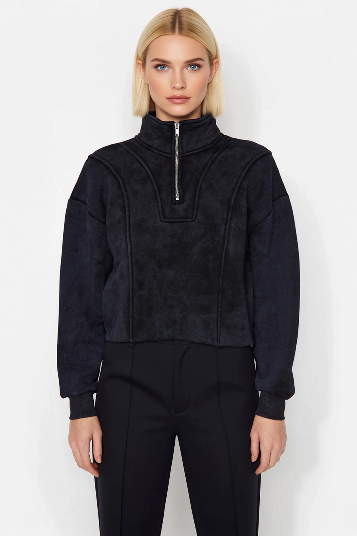 Kadın Dik Yaka Düşük Kol Fermuar Detaylı Crop Sweatshirt Fonksiyonel Dayanıklı Kaliteli Şık