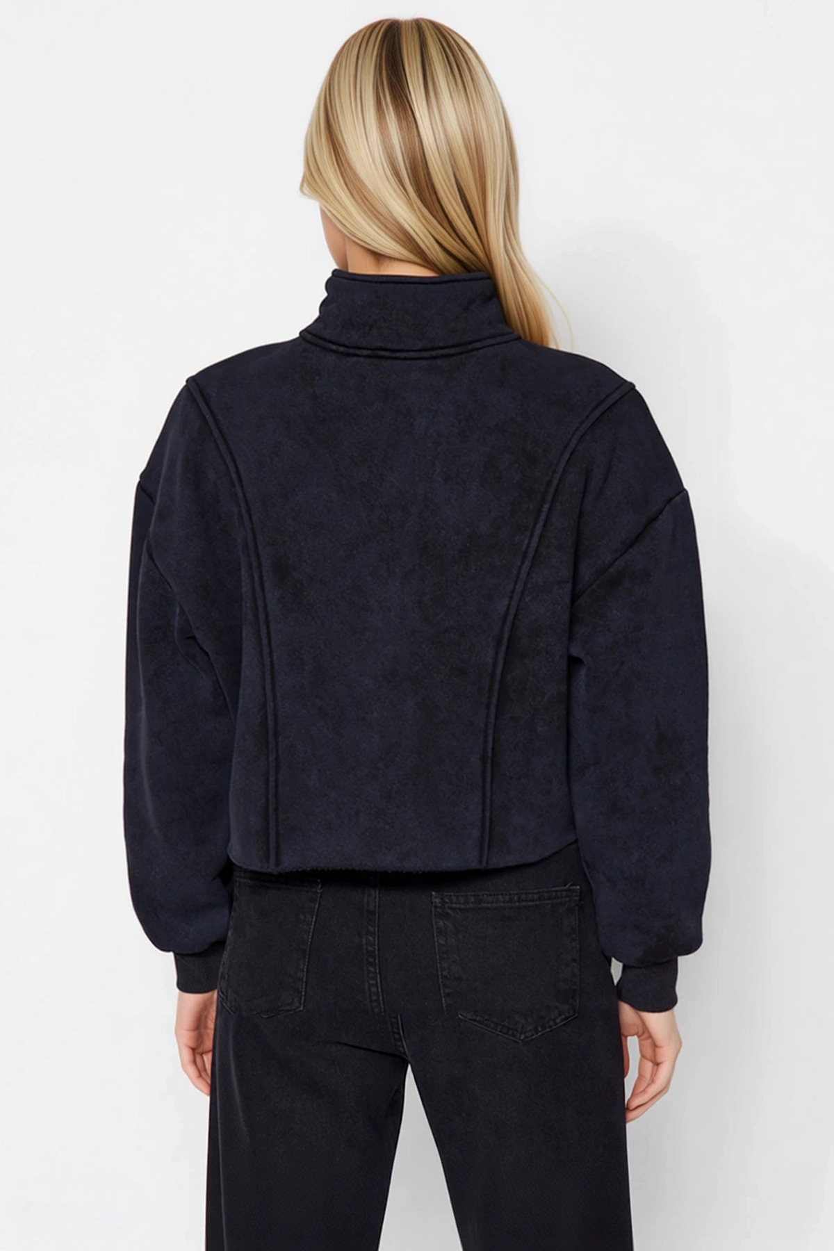 Kadın Dik Yaka Düşük Kol Fermuar Detaylı Crop Sweatshirt Fonksiyonel Dayanıklı Kaliteli Şık