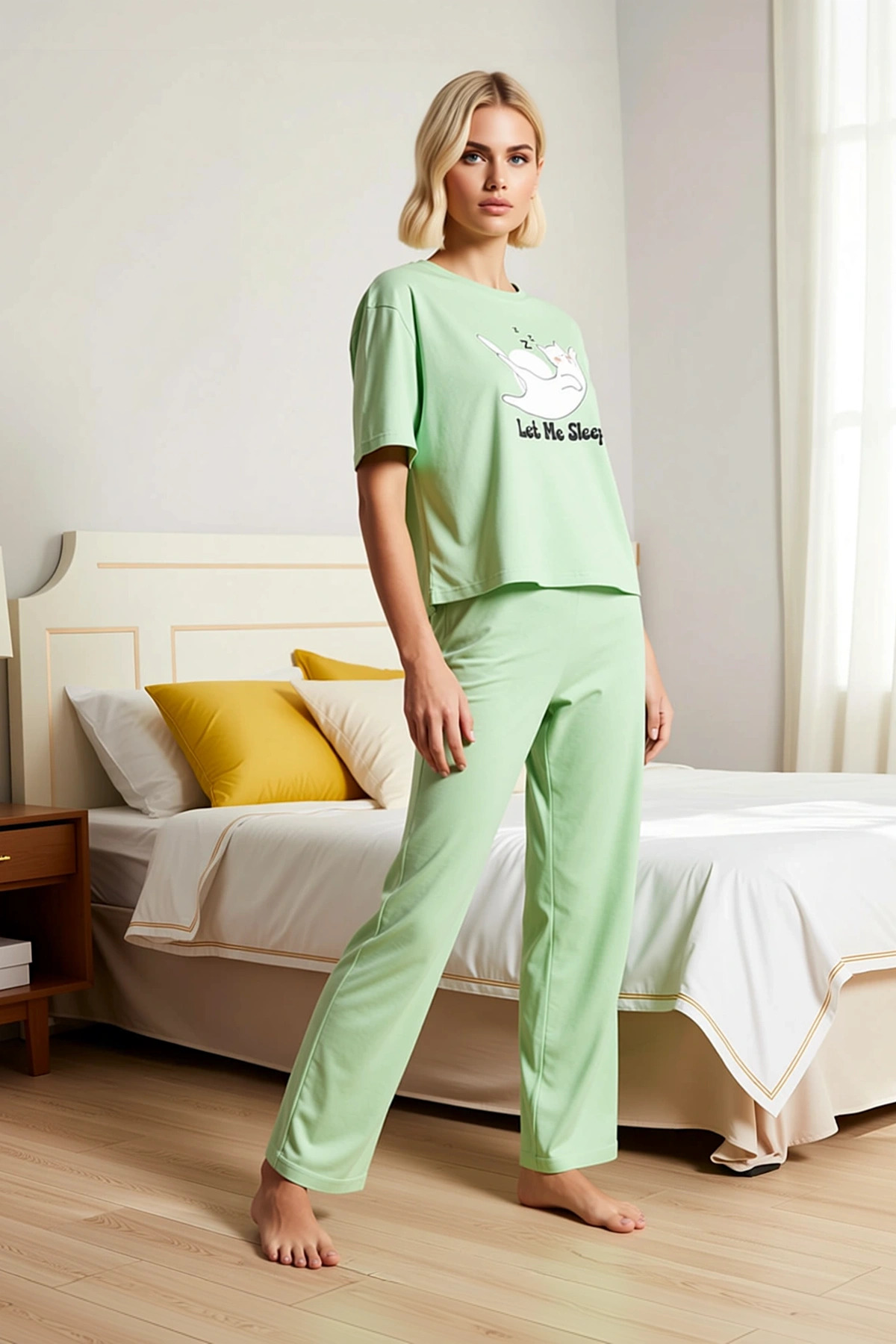 Kadın Bisiklet Yaka Standart Kol Regular Kalıp Pijama Takımı Fonksiyonel Modern %100 Pamuk