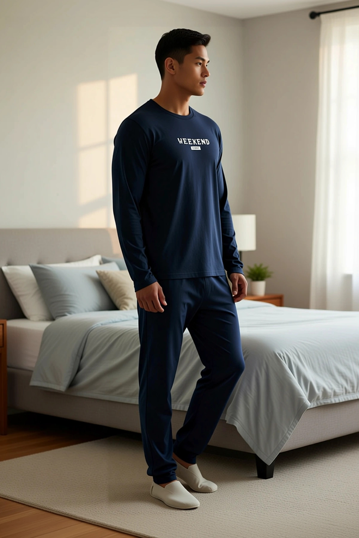 Erkek Regular Fit Bisiklet Yaka Uzun Kol Baskılı Örme Büyük Beden Pijama Takımı %100 Pamuk