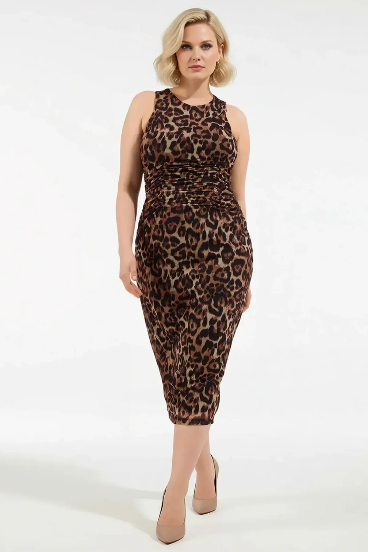 Kadın Büyük Beden Midi Bodycon Bisiklet Yaka Kolsuz Örme Tül Esnek Çok Renkli Leopar Desenli