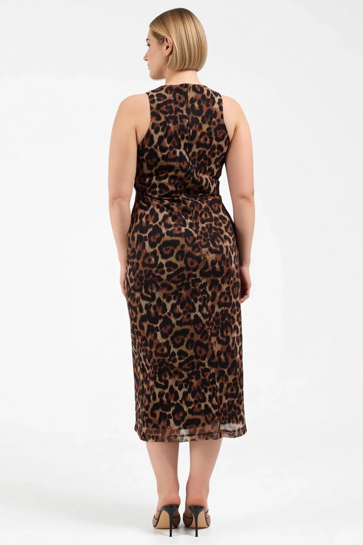 Kadın Büyük Beden Midi Bodycon Bisiklet Yaka Kolsuz Örme Tül Esnek Çok Renkli Leopar Desenli