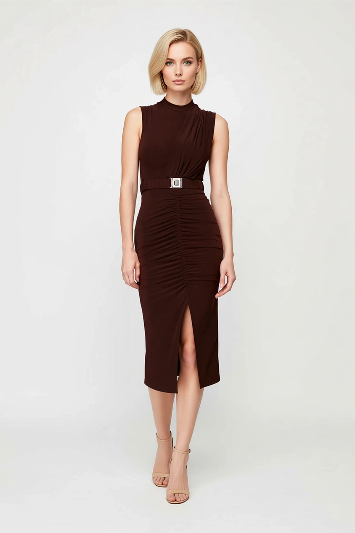 Kadın Kolsuz Dik Yaka Drape Detaylı Kemerli Midi Bodycon Esnek Örme Kalem Elbise Günlük Rahat Modern