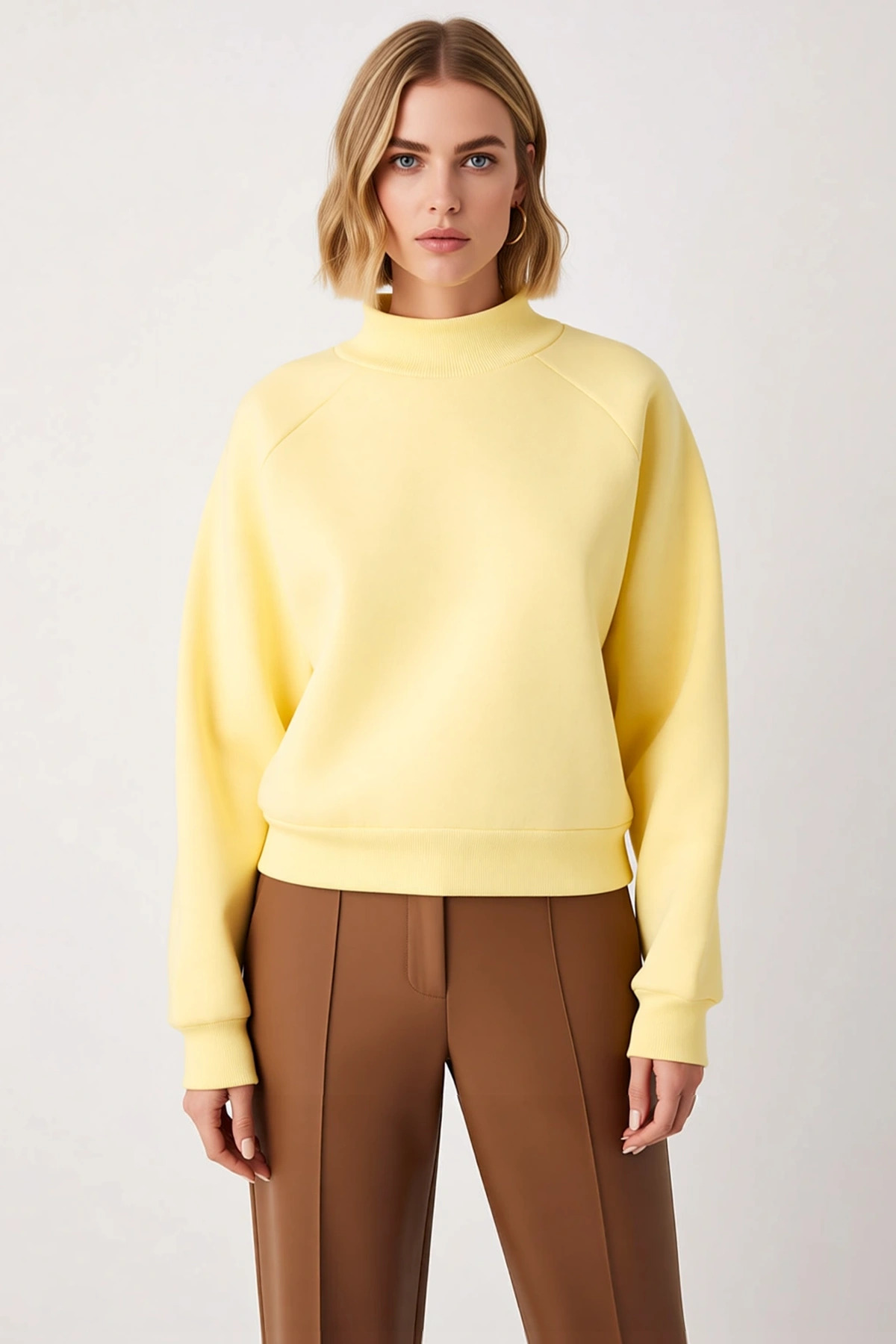 Kadın Dik Yaka Reglan Kol Oversize Kalın İçi Polarlı Örme Sweatshirt Fonksiyonel Dayanıklı