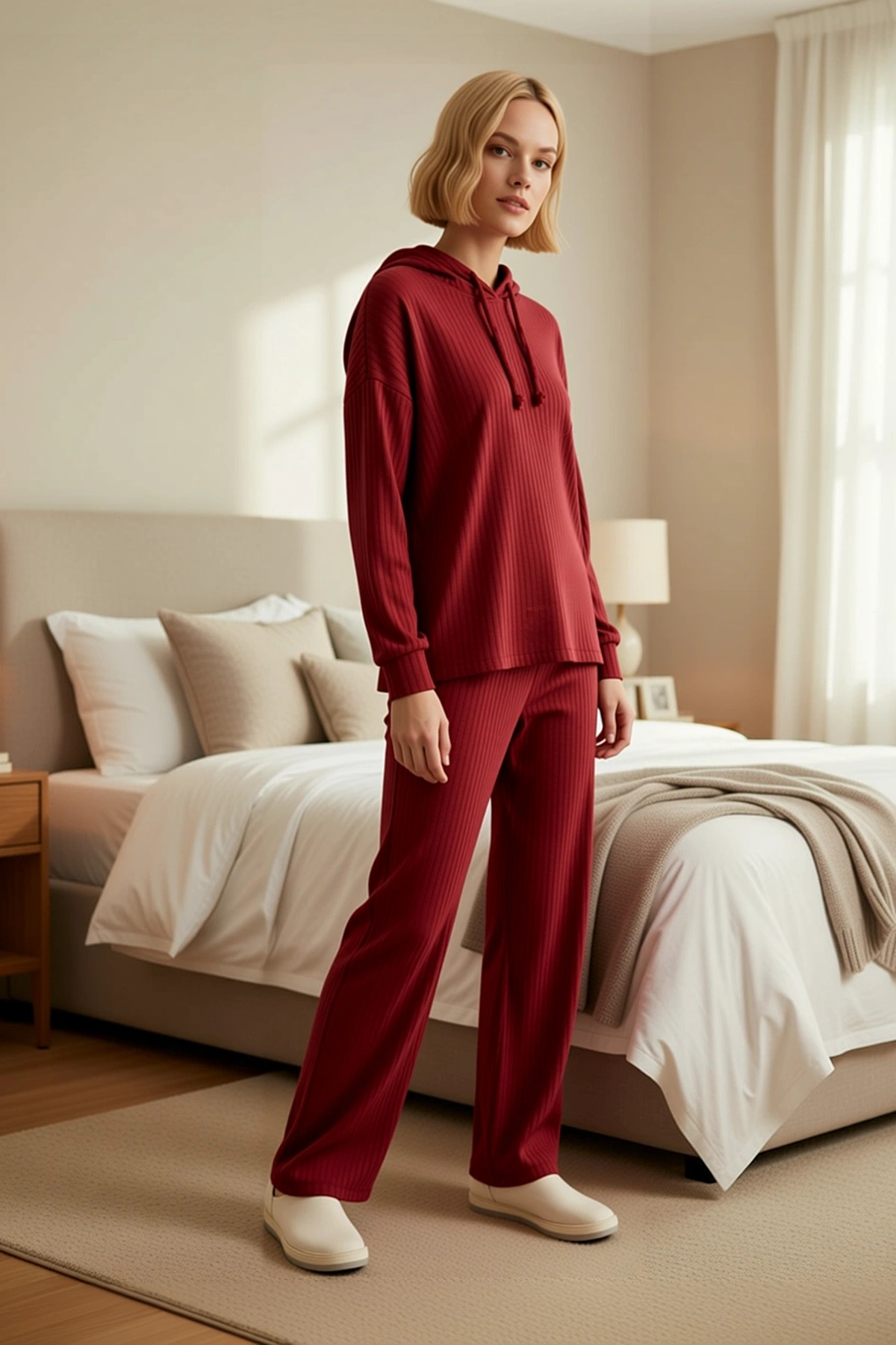 Kadın Kapüşonlu Düşük Kol Relaxed Kalıp Örme Pijama Takımı Uzun Paça Boru Paça Fonksiyonel