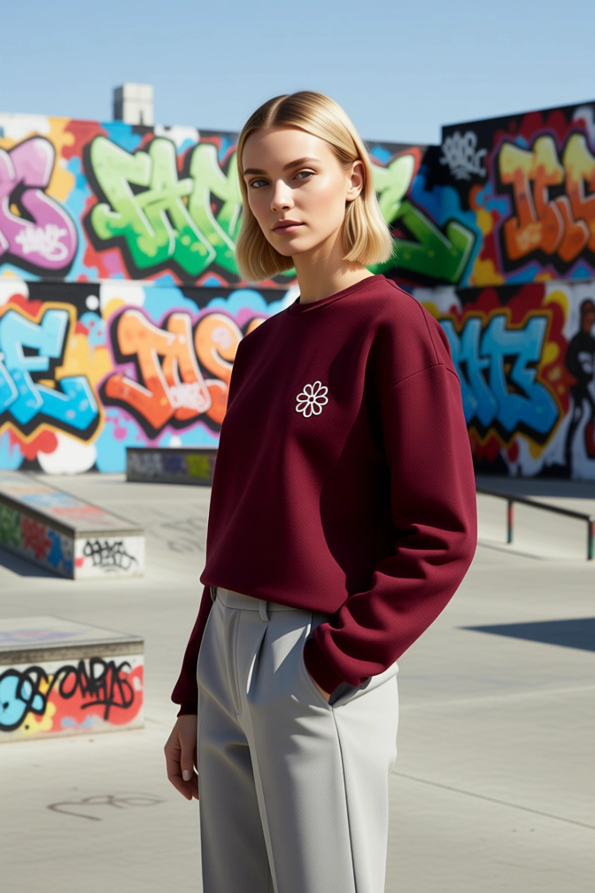 Kadın Bisiklet Yaka Düşük Kol Nakışlı Regular Kalıp Sweatshirt Fonksiyonel Dayanıklı Rahat