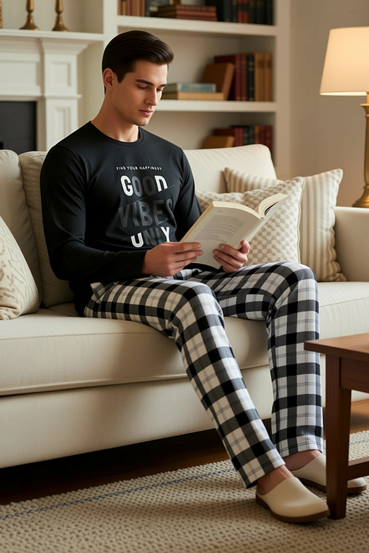 Erkek Bisiklet Yaka Standart Kol Ekose Baskılı Örme Pijama Takımı Fonksiyonel Şık %100 Pamuk