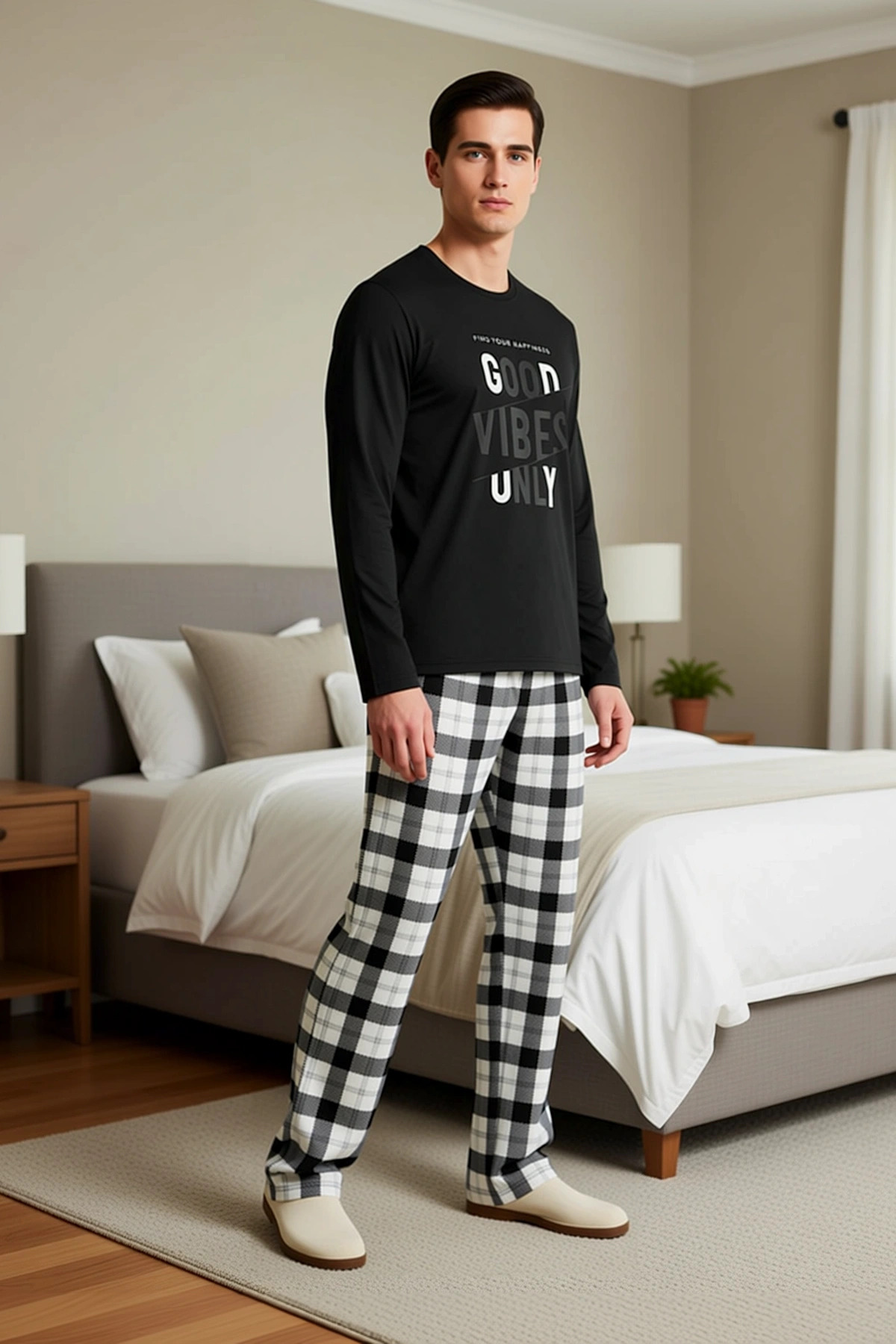 Erkek Bisiklet Yaka Standart Kol Ekose Baskılı Örme Pijama Takımı Fonksiyonel Şık %100 Pamuk
