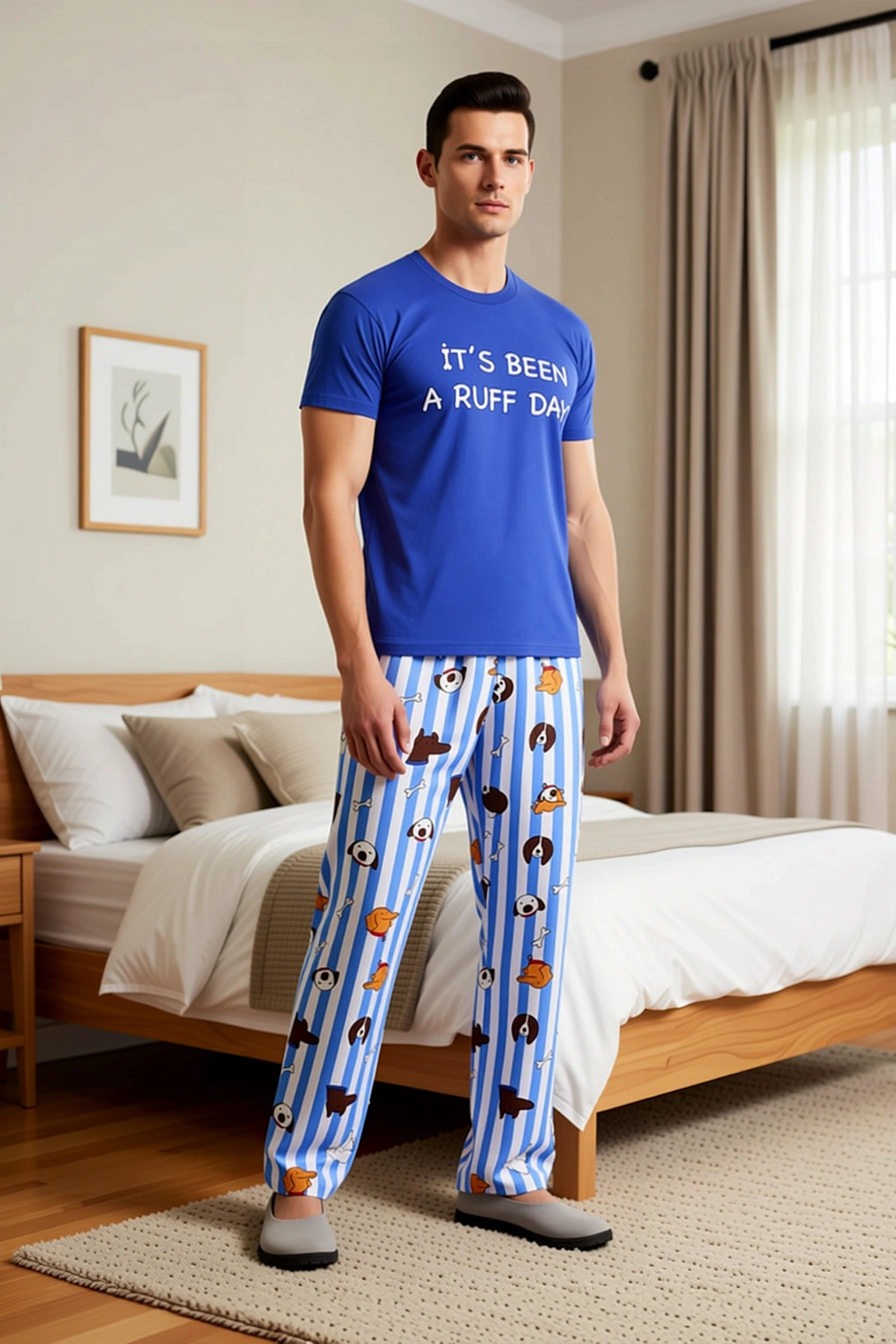 Erkek Bisiklet Yaka Kısa Kol Regular Kalıp Süprem Hayvan Desenli Pijama Takımı