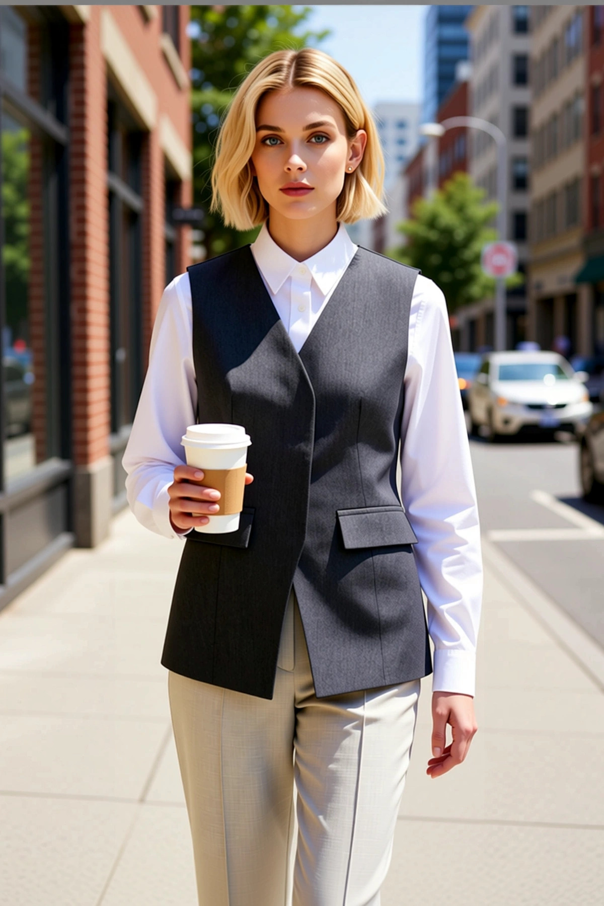 Alternative view of Kadın V Yaka Kolsuz Düz Desen Dokuma Astarlı Vücuda Oturan Yelek Çıtçıt Kapamalı Regular Boy