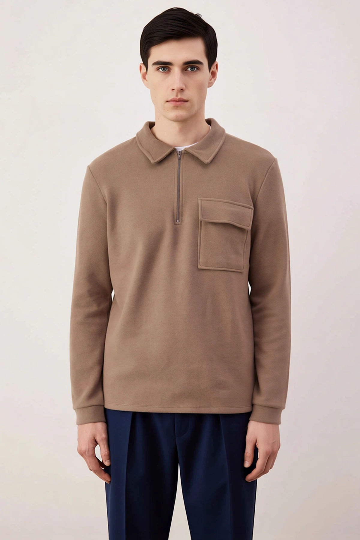 Erkek Polo Yaka Fermuarlı Cep Detaylı %100 Pamuk Sweatshirt Fonksiyonel Dayanıklı Kaliteli