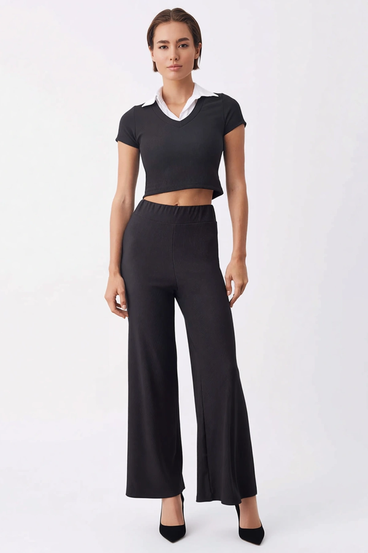 Kadın Büyük Beden Kolsuz Polo Yaka Crop Top Geniş Paça Pantolon Örme Takım Lastikli Günlük Rahat