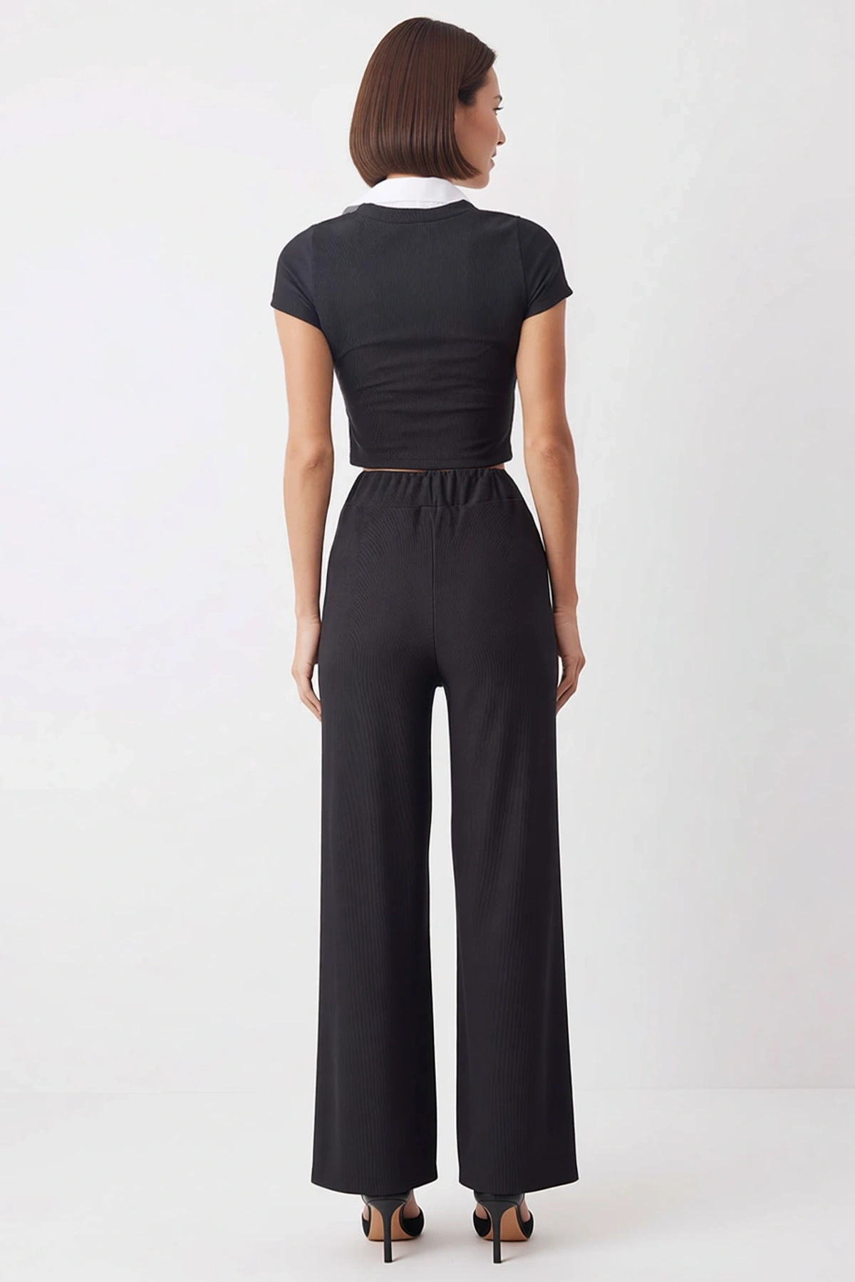 Kadın Büyük Beden Kolsuz Polo Yaka Crop Top Geniş Paça Pantolon Örme Takım Lastikli Günlük Rahat