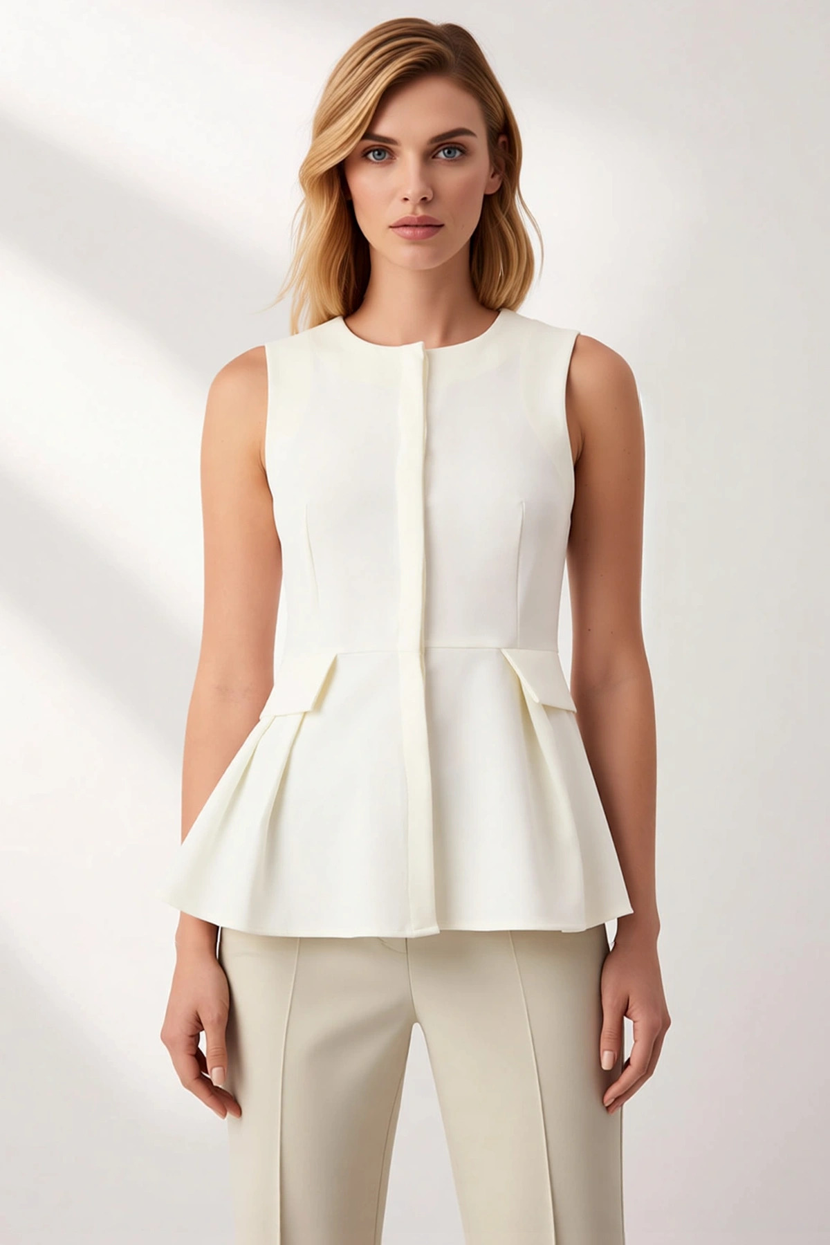 Kadın Bisiklet Yaka Kolsuz Fitted Kalıp Peplum Dokuma Yelek Düz Desen Astarsız Regular Boy