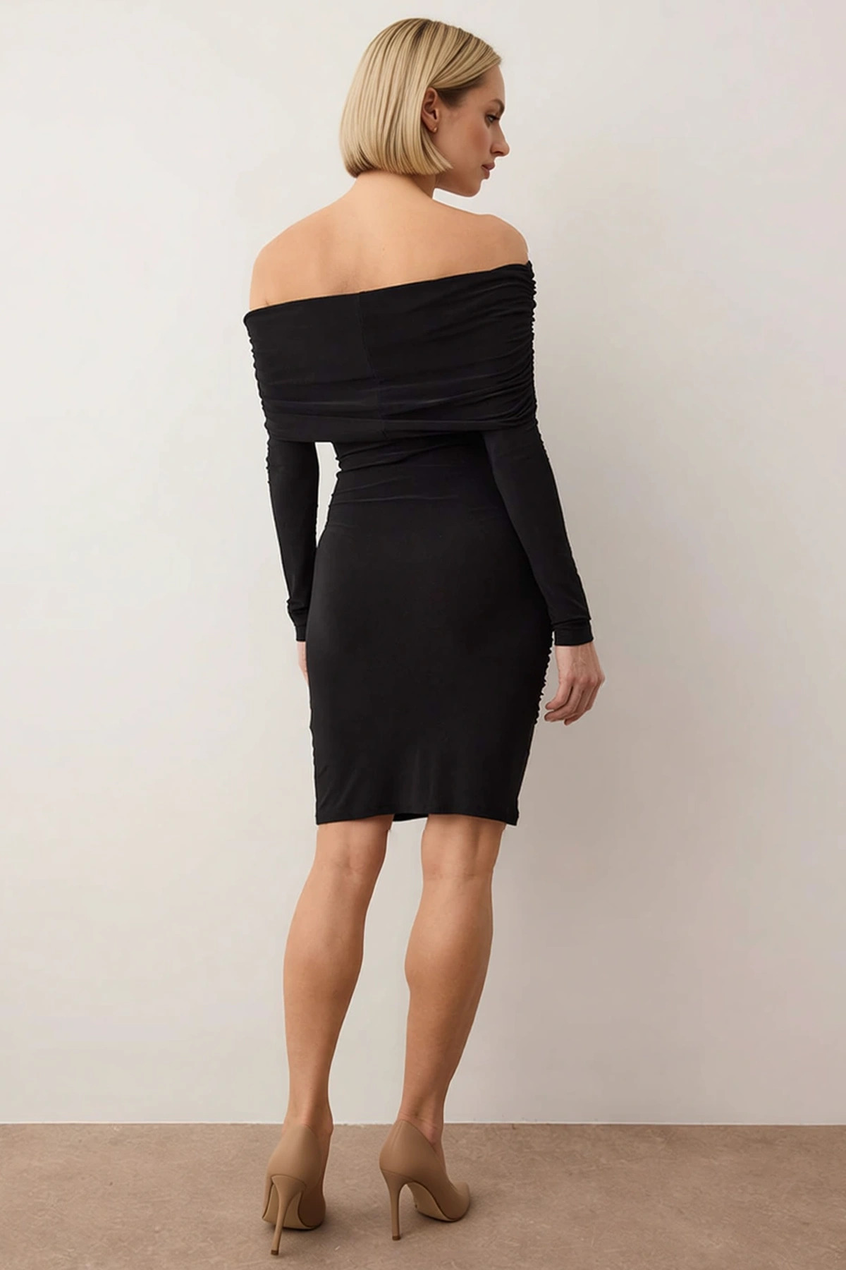 Kadın Carmen Yaka Uzun Kol Bodycon Mini Örme Elbise Fonksiyonel Dayanıklı Kaliteli Estetik