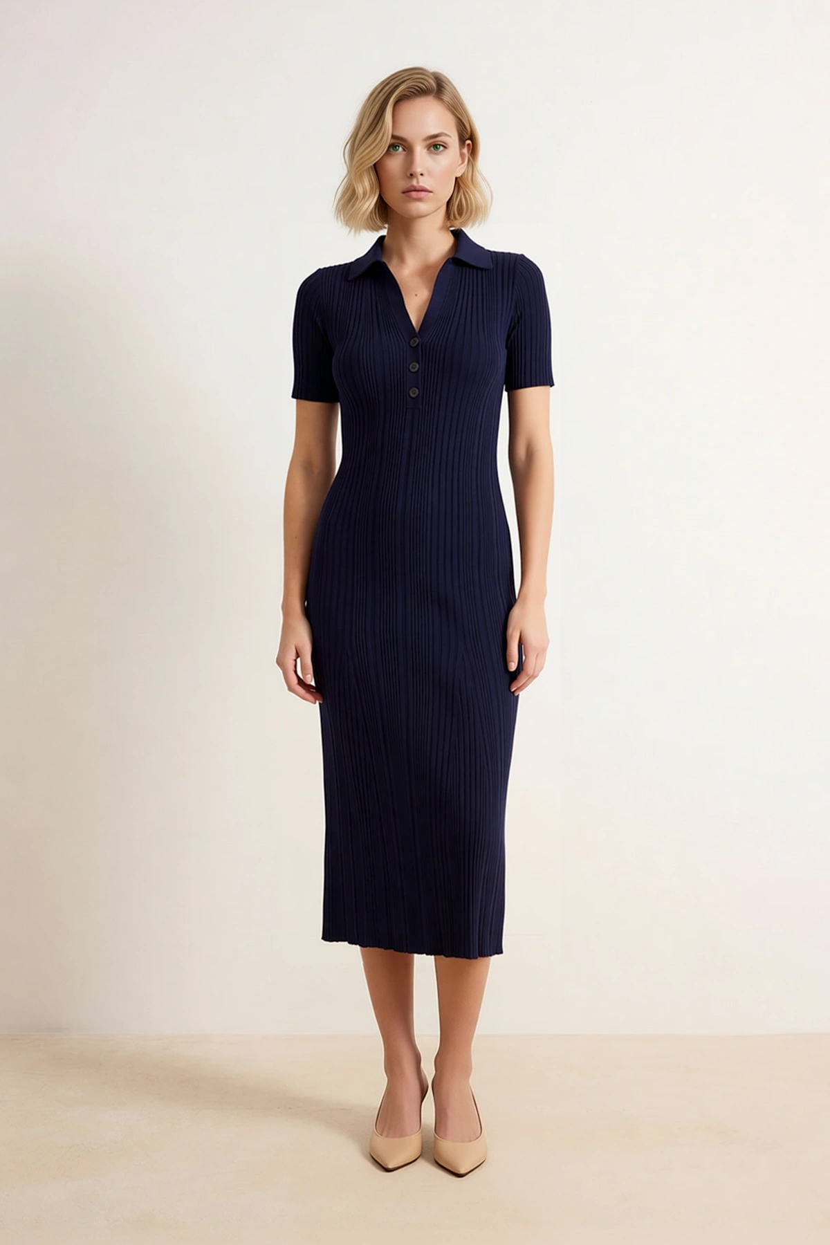 Kadın Polo Yaka Kısa Kollu Midi Elbise Triko Kumaş Bodycon Kesim İnce Dokulu Astarsız Günlük Rahat