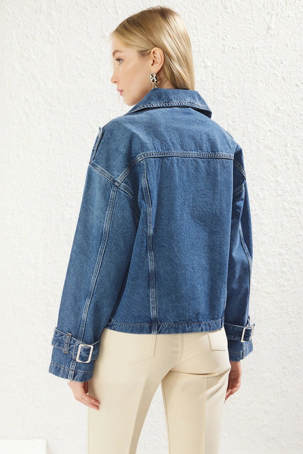 Kadın Oversize Düşük Kol Ceket Yaka Denim Blazer %100 Pamuk Fonksiyonel Dayanıklı Kaliteli