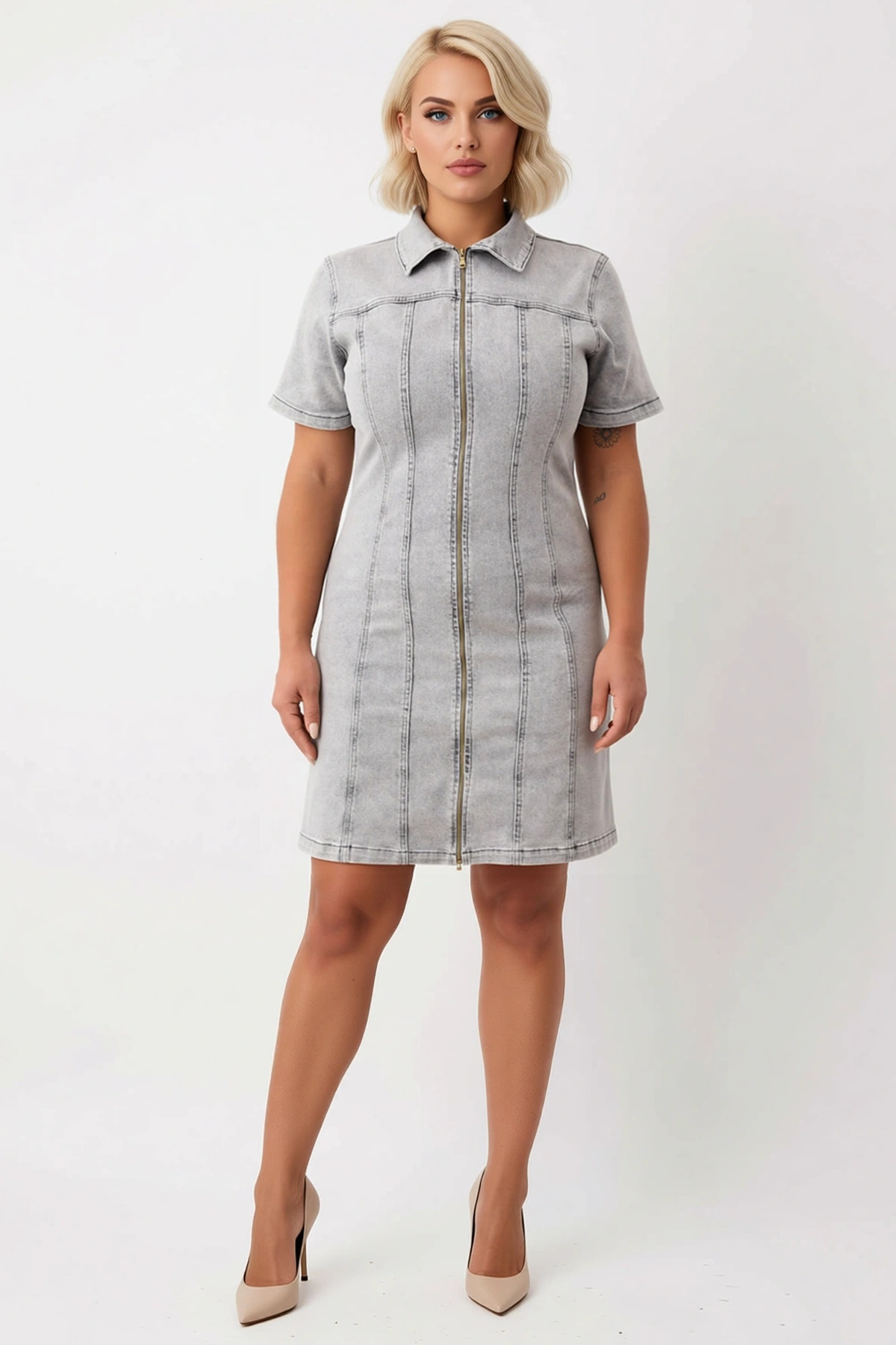 Kadın Büyük Beden Kısa Kollu Gömlek Yaka Fermuarlı Bodycon Denim Elbise Mini Boy Günlük Rahat Modern