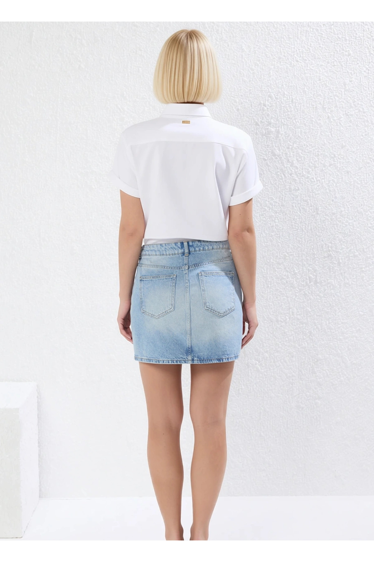 Kadın Yüksek Bel Kruvaze Bel Detaylı Mini Denim Etek %100 Pamuk Fonksiyonel Dayanıklı Spor