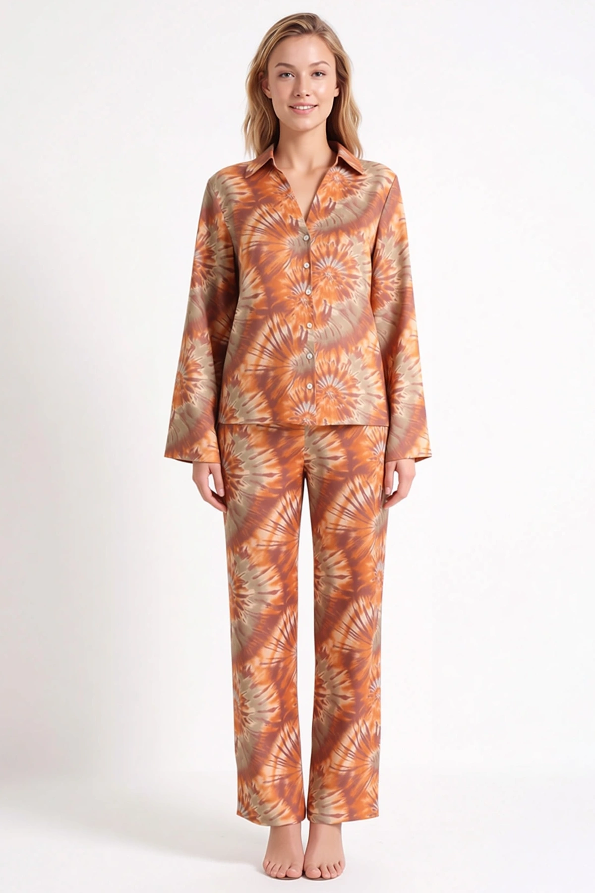 Kadın Büyük Beden Batik Desenli Dokuma Gömlek Pantolon Takımı Dik Yaka %100 Pamuk Oversize Günlük