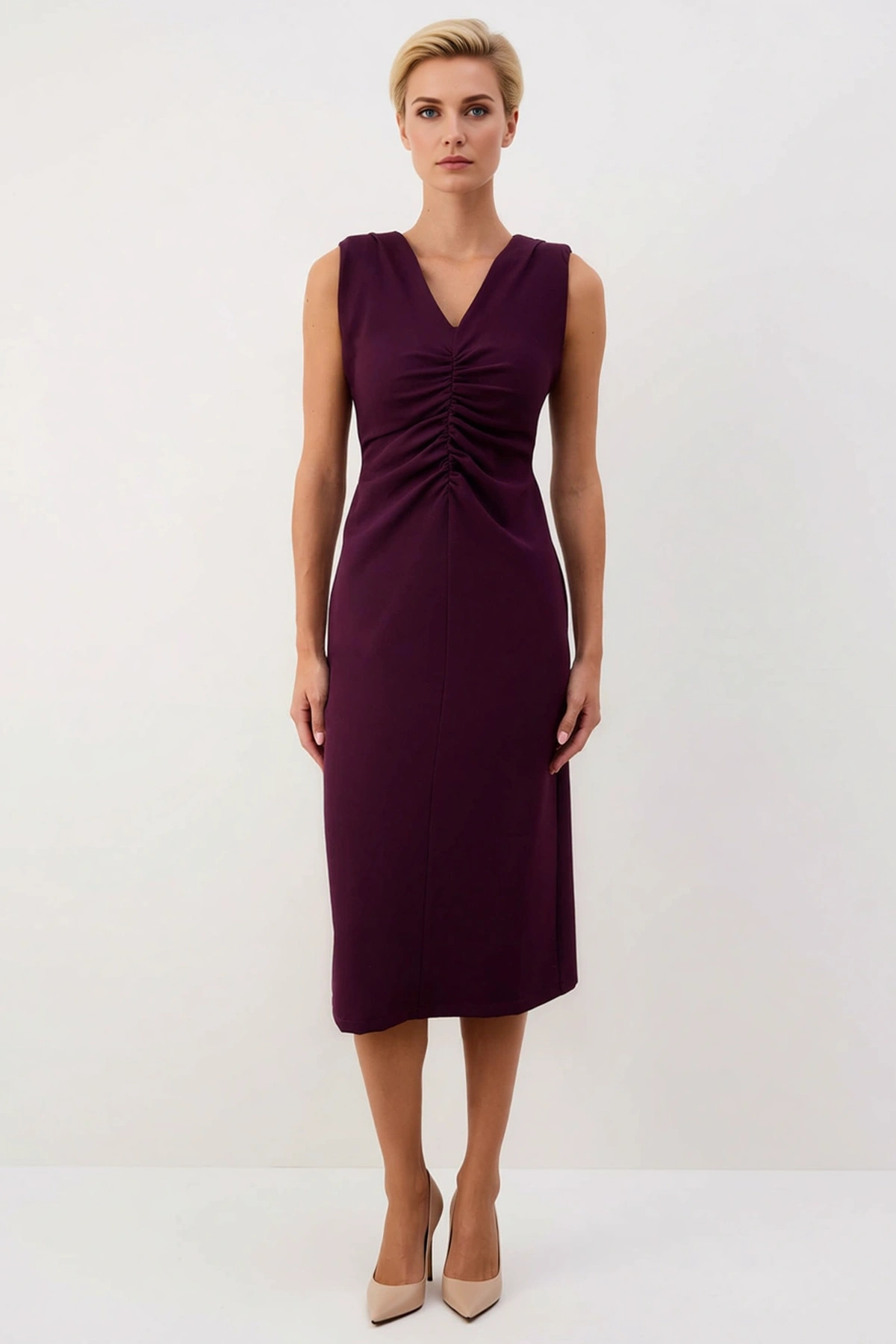 Kadın V Yaka Düşük Kol Kısa Kollu Bodycon Kalıp Midi Dokuma Elbise Fonksiyonel Dayanıklı Şık