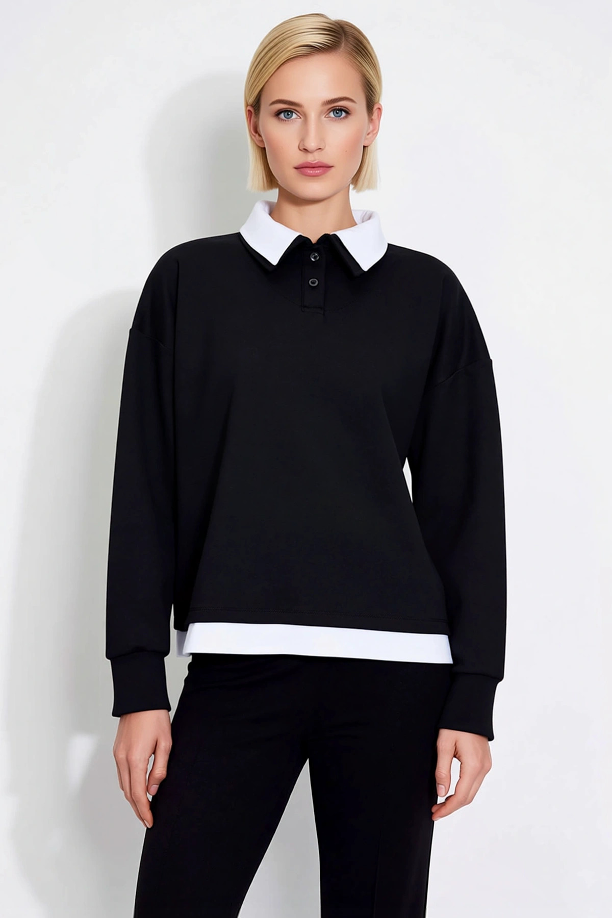 Kadın Polo Yaka Düşük Kol Oversize Geniş Kalıp %100 Pamuk Sweatshirt Fonksiyonel Dayanıklı