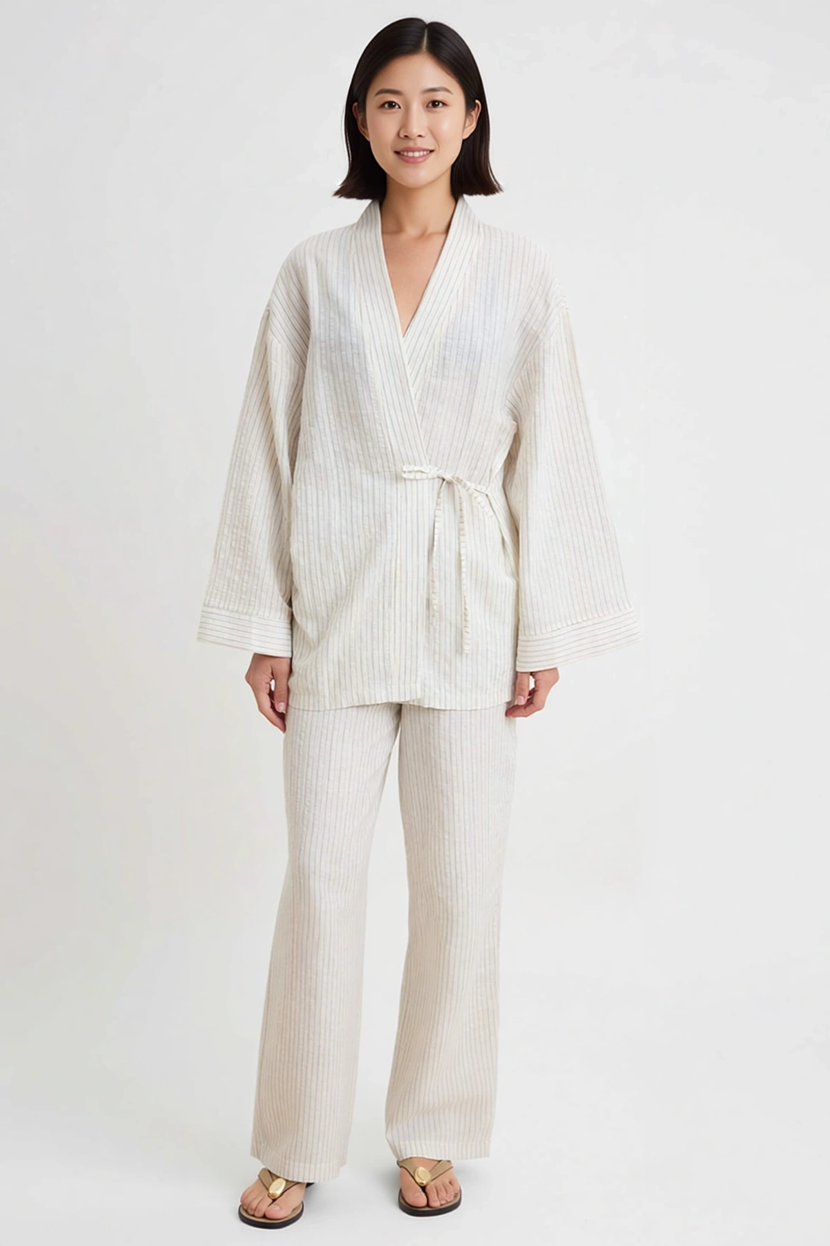 Kadın Büyük Beden Oversize Çizgili Dokuma Müslin Plaj Kimono Pantolon Takımı %100 Pamuk Günlük Rahat